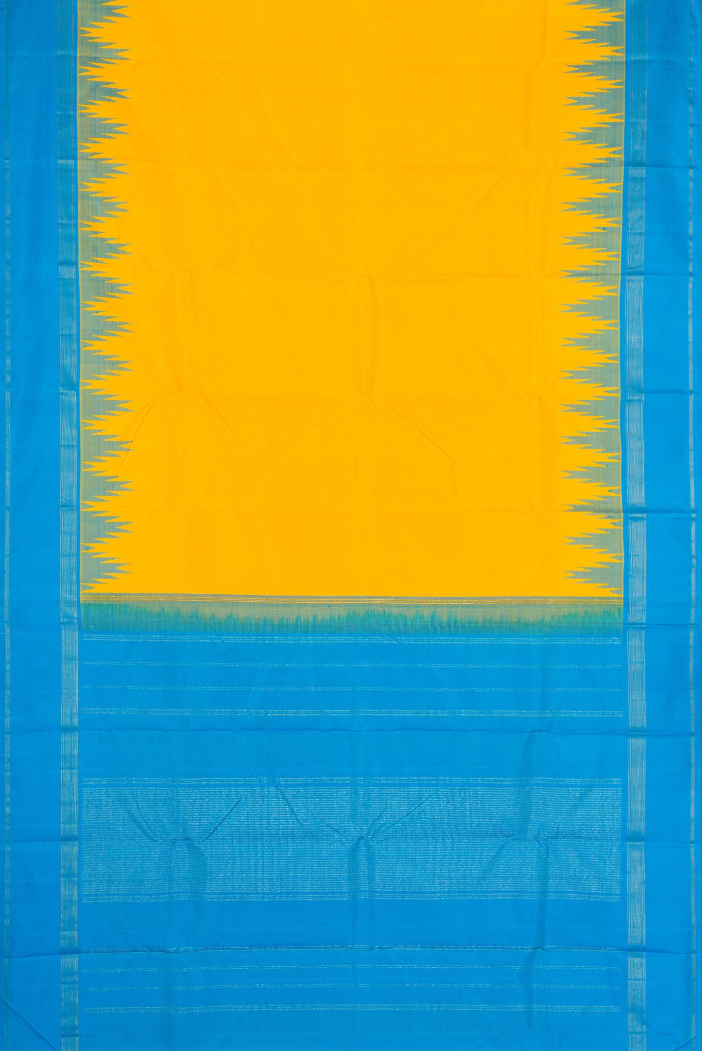 Flat view of Yellow Dual Tone Kanchipuram Silk Saree with Plain Body and Temple Border