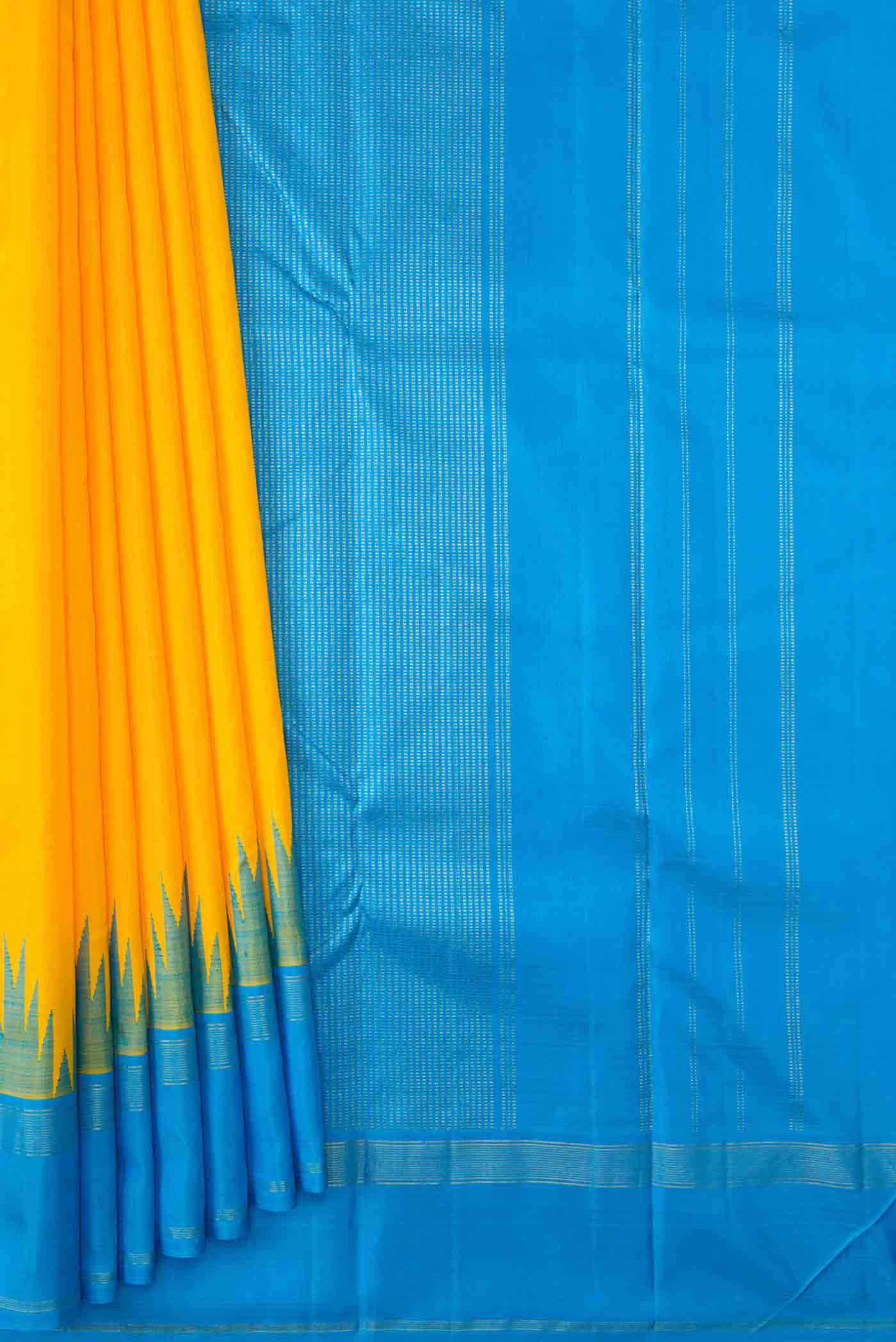 Pleats and pallu of Yellow Dual Tone Kanchipuram Silk Saree with Plain Body and Temple Border