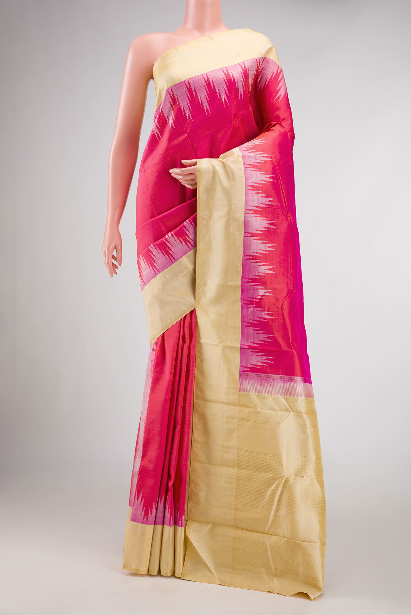 Pink Dual Tone Kanjivaram Silk Saree with Plain Body and Temple Border.  displayed on a mannequin