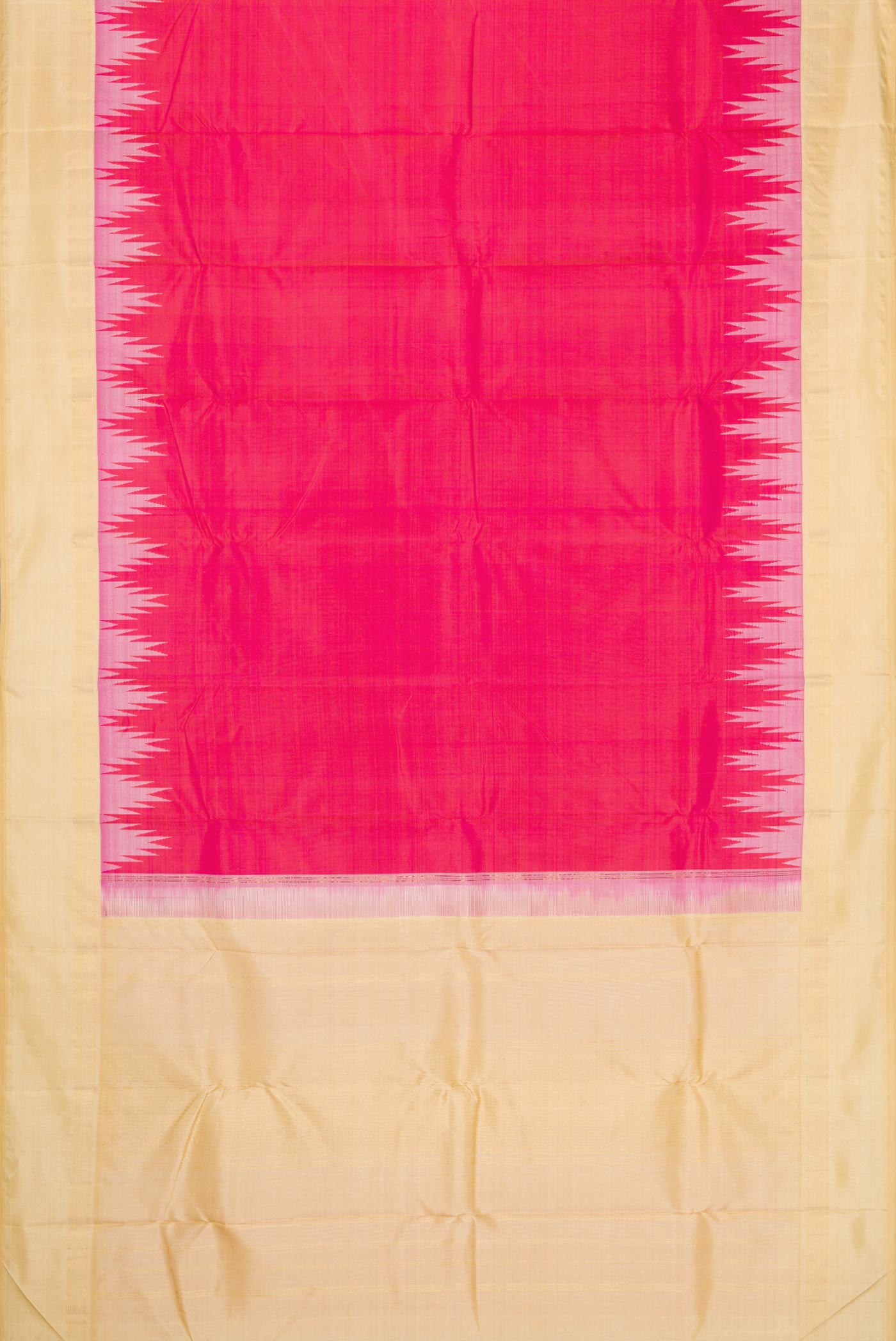 Flat view of Pink Dual Tone Kanjivaram Silk Saree with Plain Body and Temple Border. 