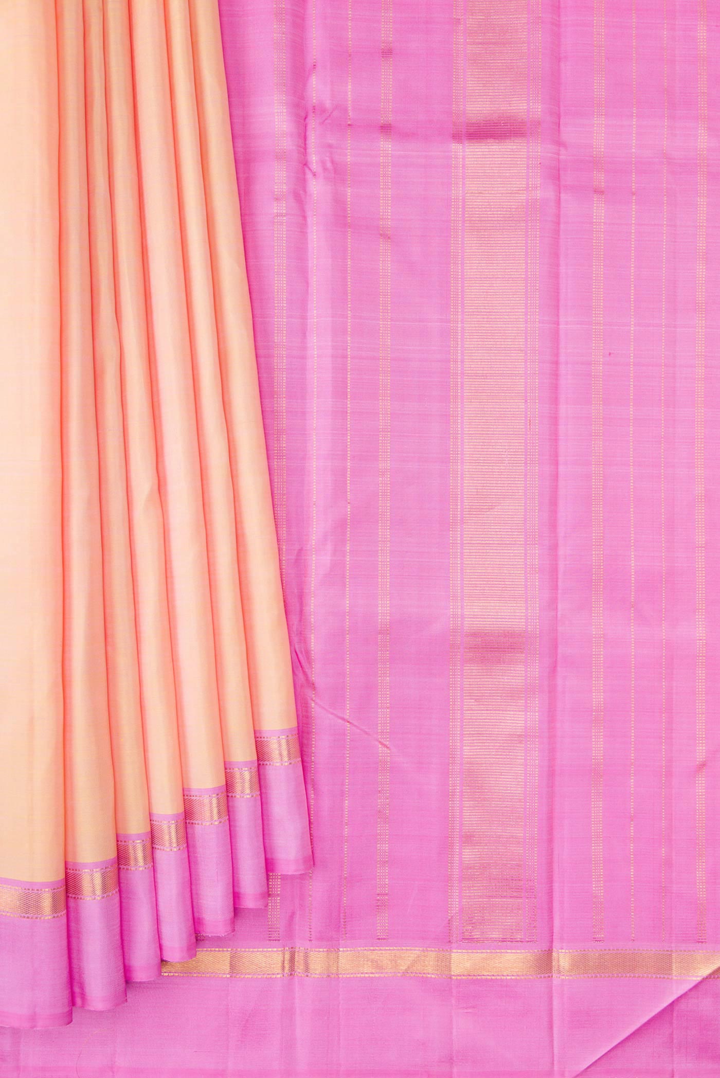 Pleats and pallu of Sandal Dual Tone Kanjivaram Silk Saree with Plain Body and Zari Border. 
