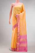 Sandal Dual Tone Kanjivaram Silk Saree with Plain Body and Zari Border.  displayed on a mannequin