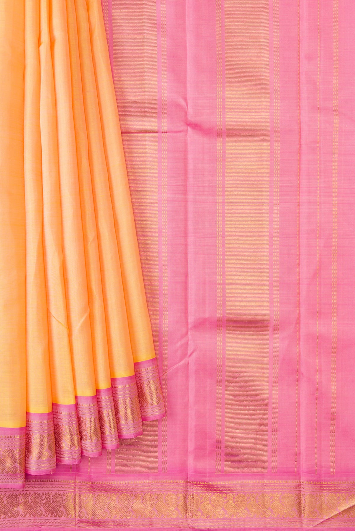 Pleats and pallu of Sandal Dual Tone Kanjivaram Silk Saree with Plain Body and Zari Border. 