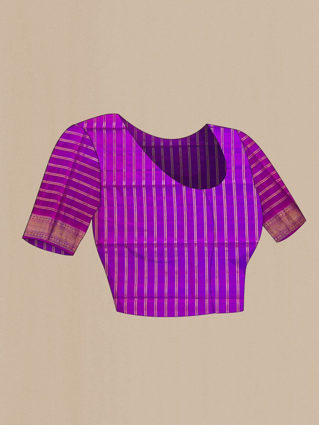 Close up image of the blouse of Peacock Blue Dual Tone Kanchipuram Silk Saree with Stripes on the body and Zari Border