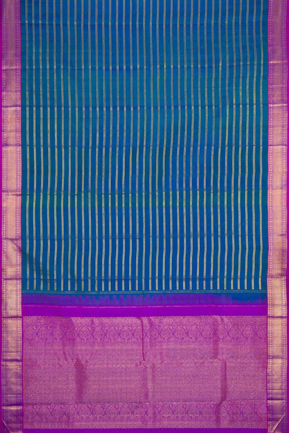 Flat view of Peacock Blue Dual Tone Kanchipuram Silk Saree with Stripes on the body and Zari Border