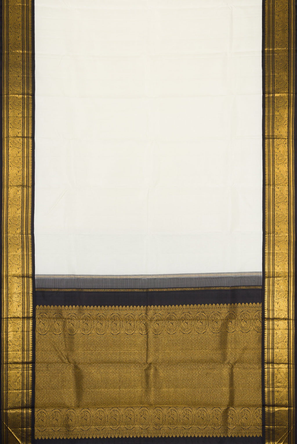 Flat view of Pure Silk Pure Zari White Dual Tone Kanjivaram Saree with Plain Body and Zari Border. 
