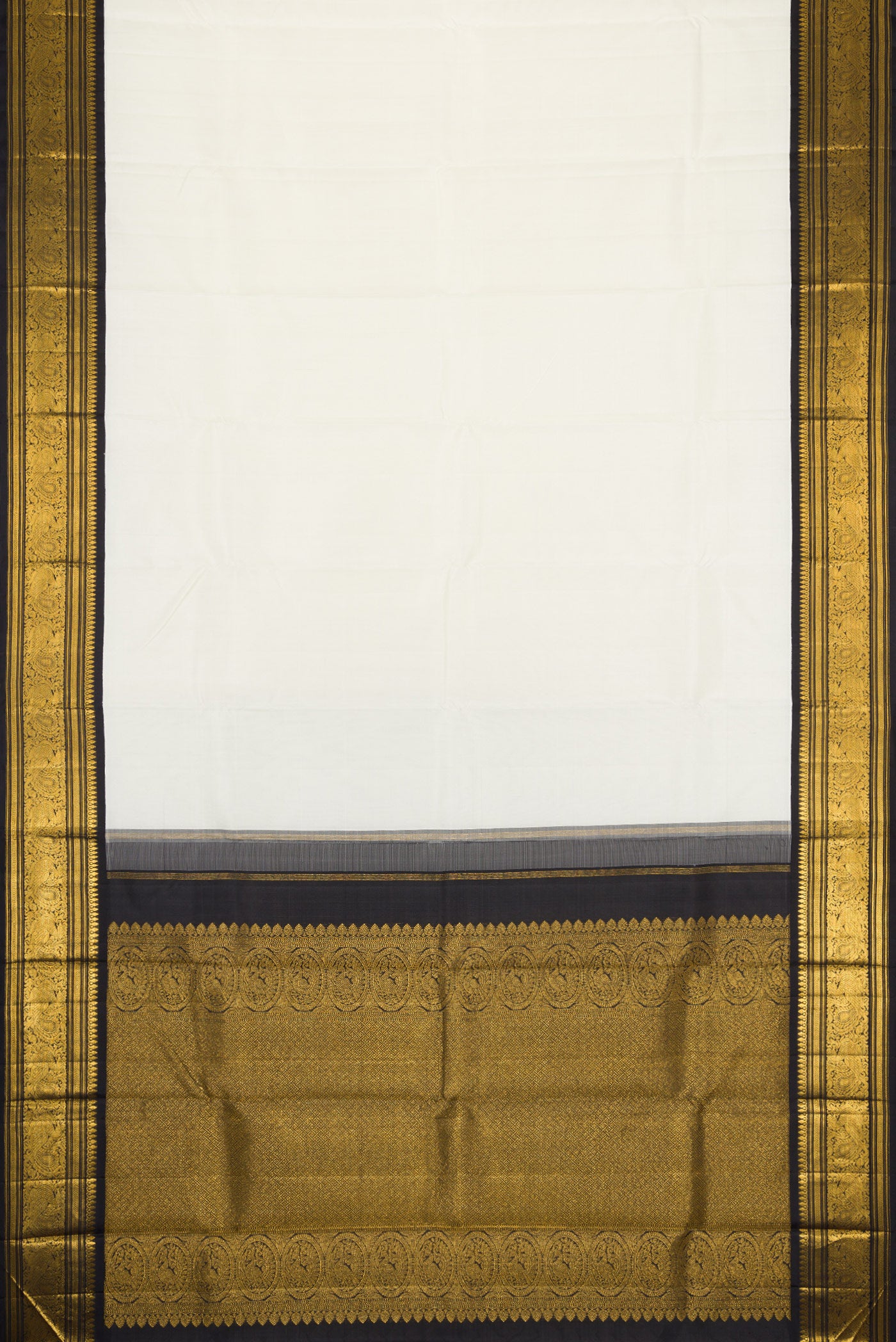 Flat view of Pure Silk Pure Zari White Dual Tone Kanjivaram Saree with Plain Body and Zari Border. 