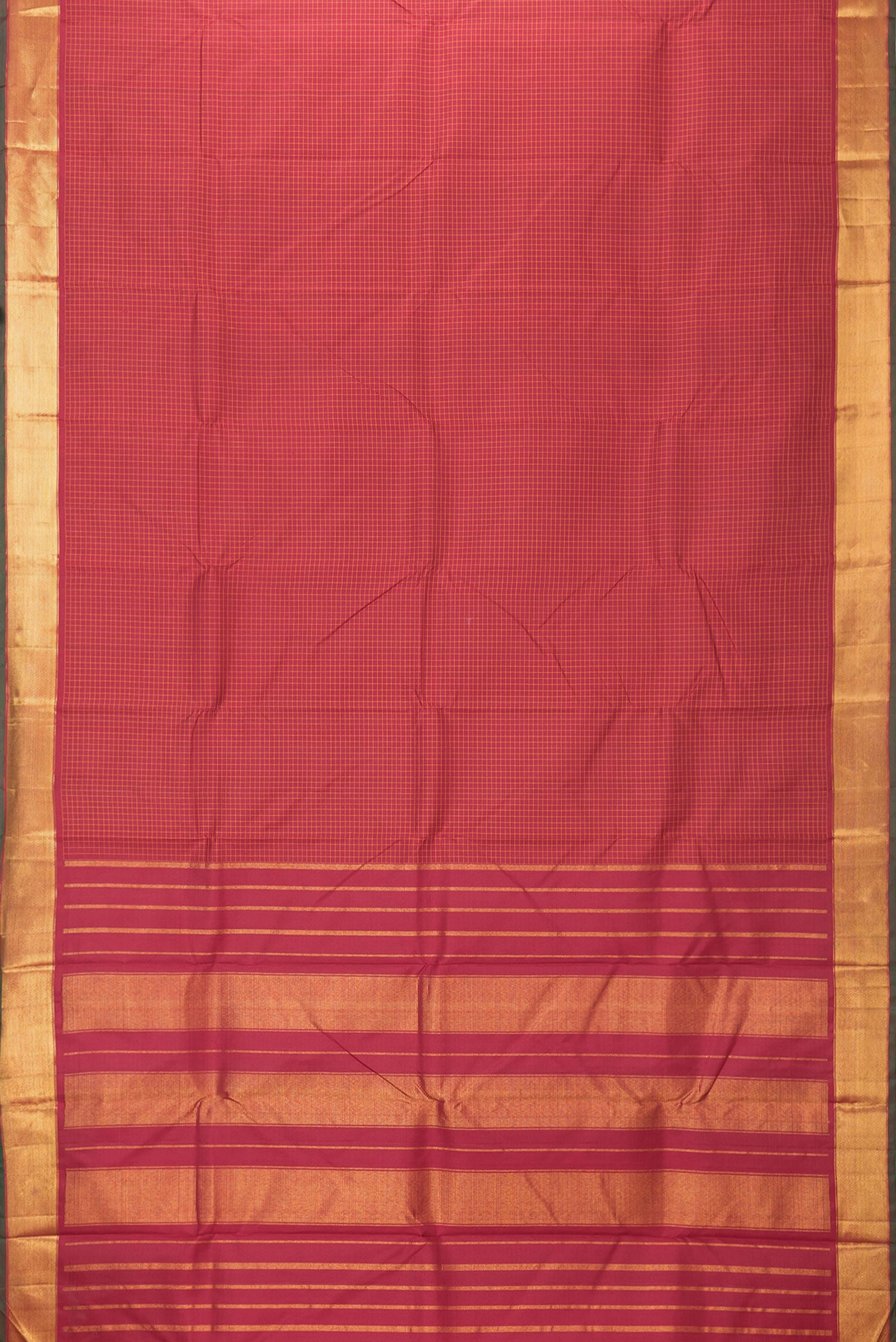 Flat view of Maroon Dual Tone Kanchipuram Silk Saree with Checked design on the body and Zari Border. 