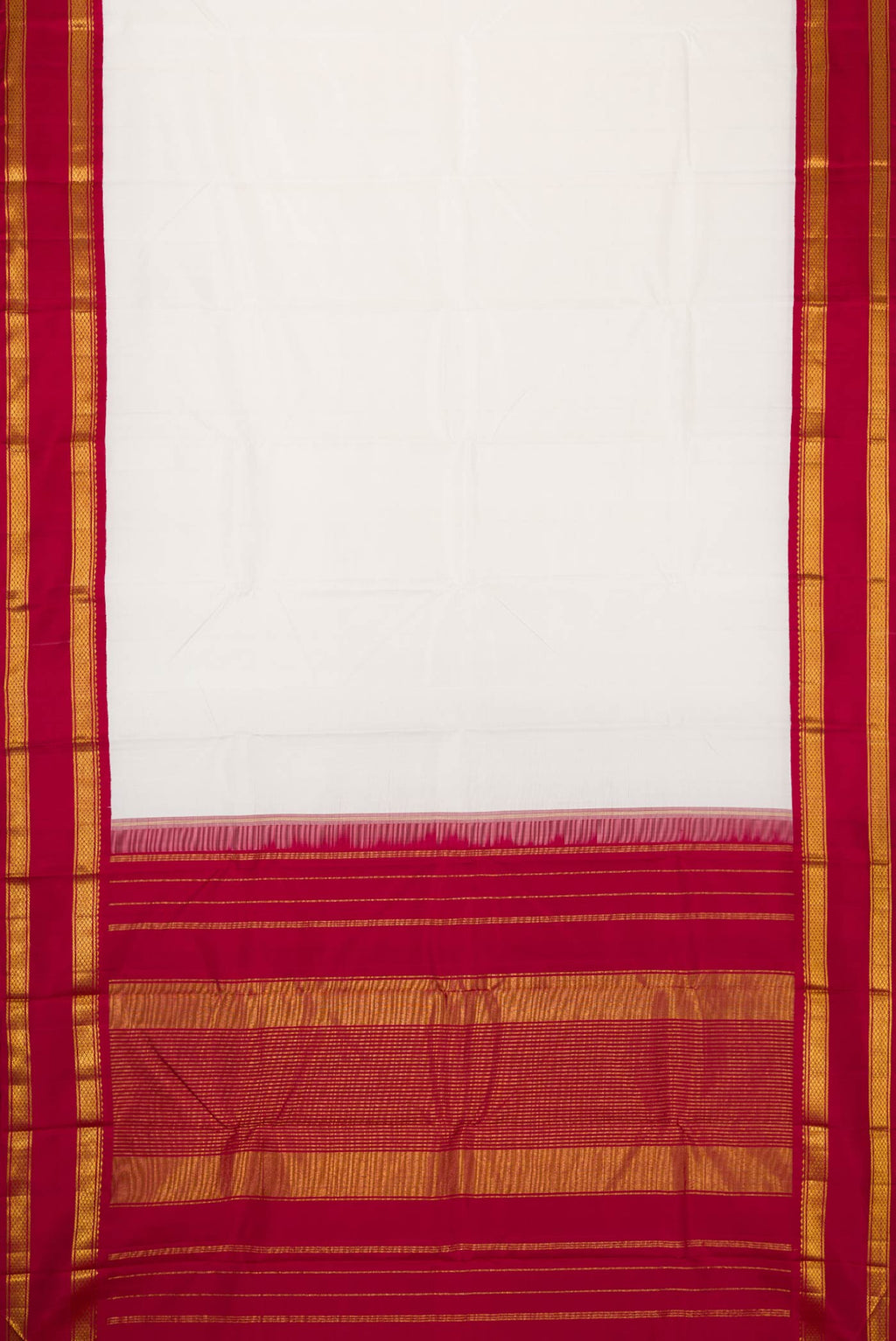 Flat view of White Dual Tone Kanjivaram Silk Saree with Plain Body and Zari Border. 