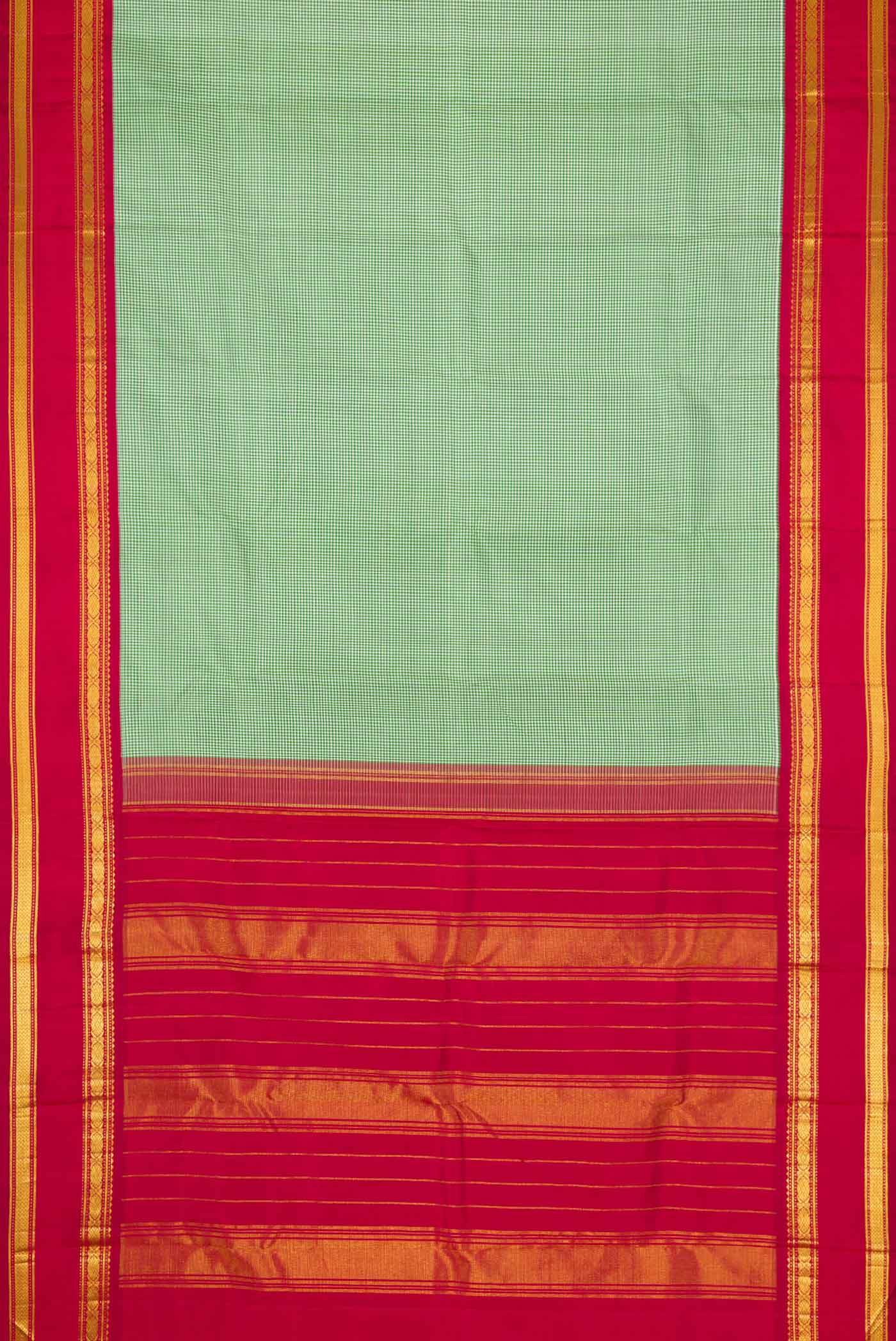 Flat view of Green Dual Tone Kanchipuram Silk Saree with Checked design on the body and Zari Border