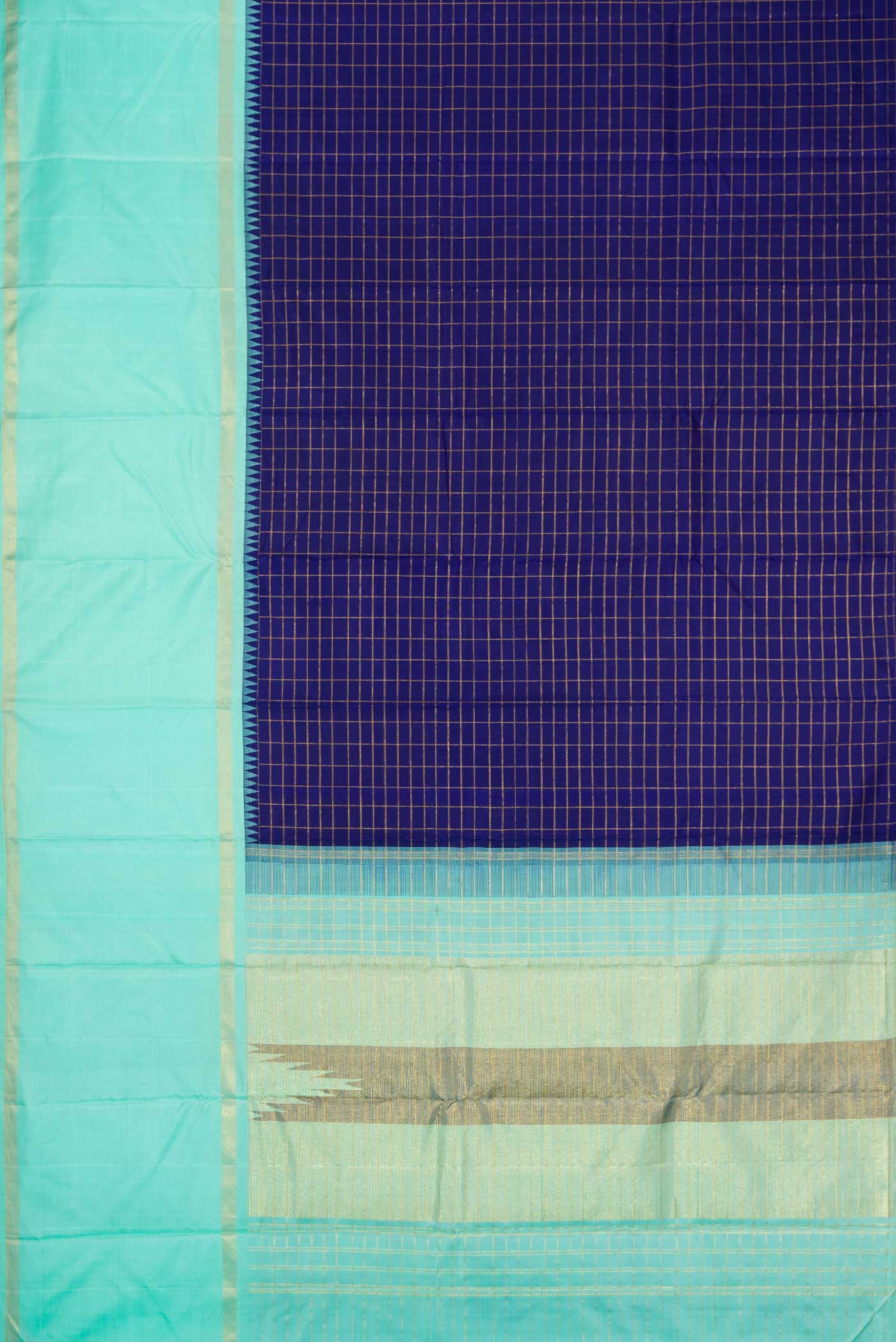 Flat view of Navy Blue Dual Tone Kanchipuram Silk Saree with Checked design on the body and Zari Border