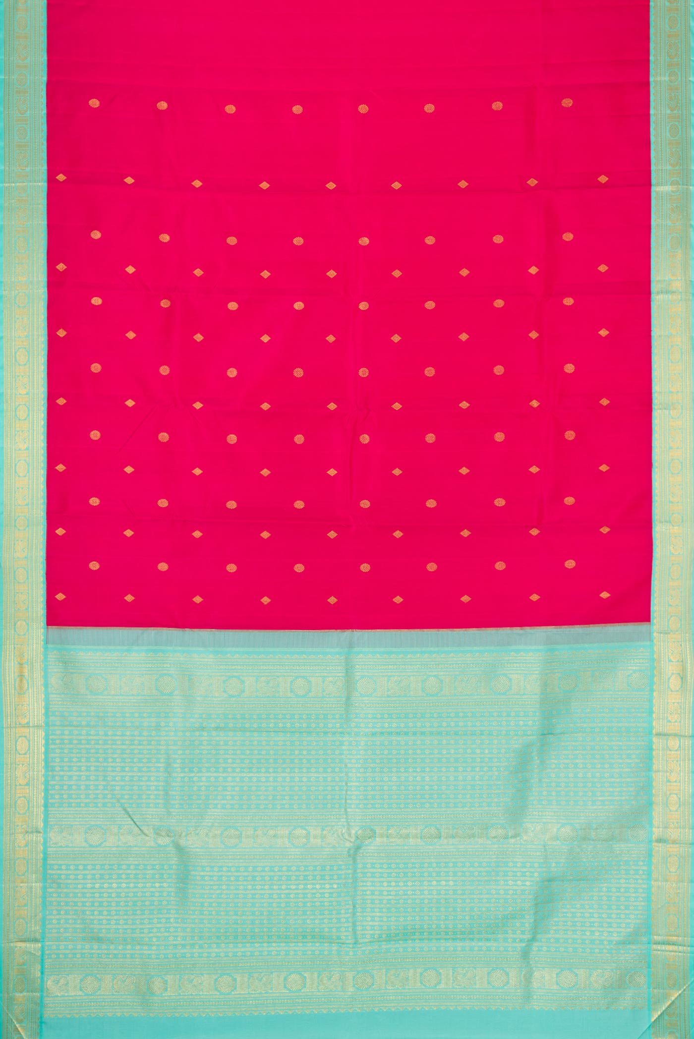 Flat view of Pink Dual Tone Kanjivaram Silk Saree with Zari Butta on the body and Zari Border. 