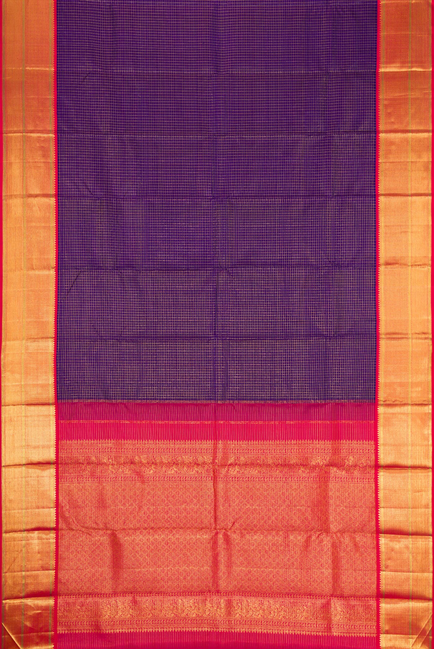Flat view of Navy Blue Dual Tone Kanchipuram Silk Saree with Checked design on the body and Zari Border. 