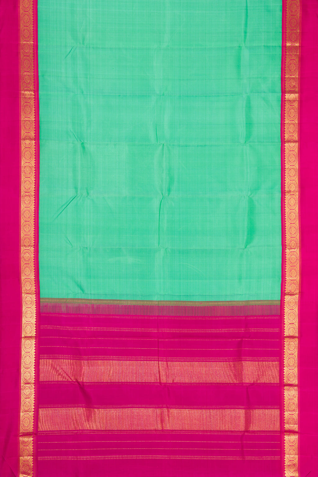 Flat view of Pure Silk Pure Zari Sea Green Dual Tone Kanjivaram Saree with Plain Body and Zari Border. 