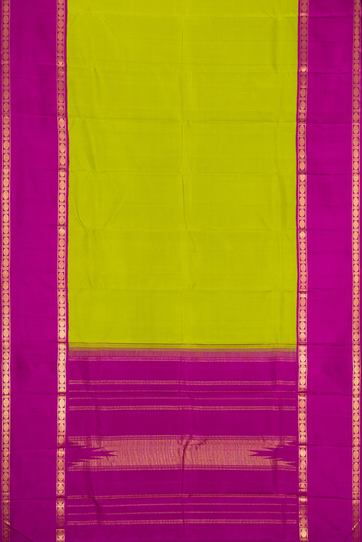 Flat view of Parrot Green Dual Tone Kanjivaram Silk Saree with Plain Body and Zari Border. 