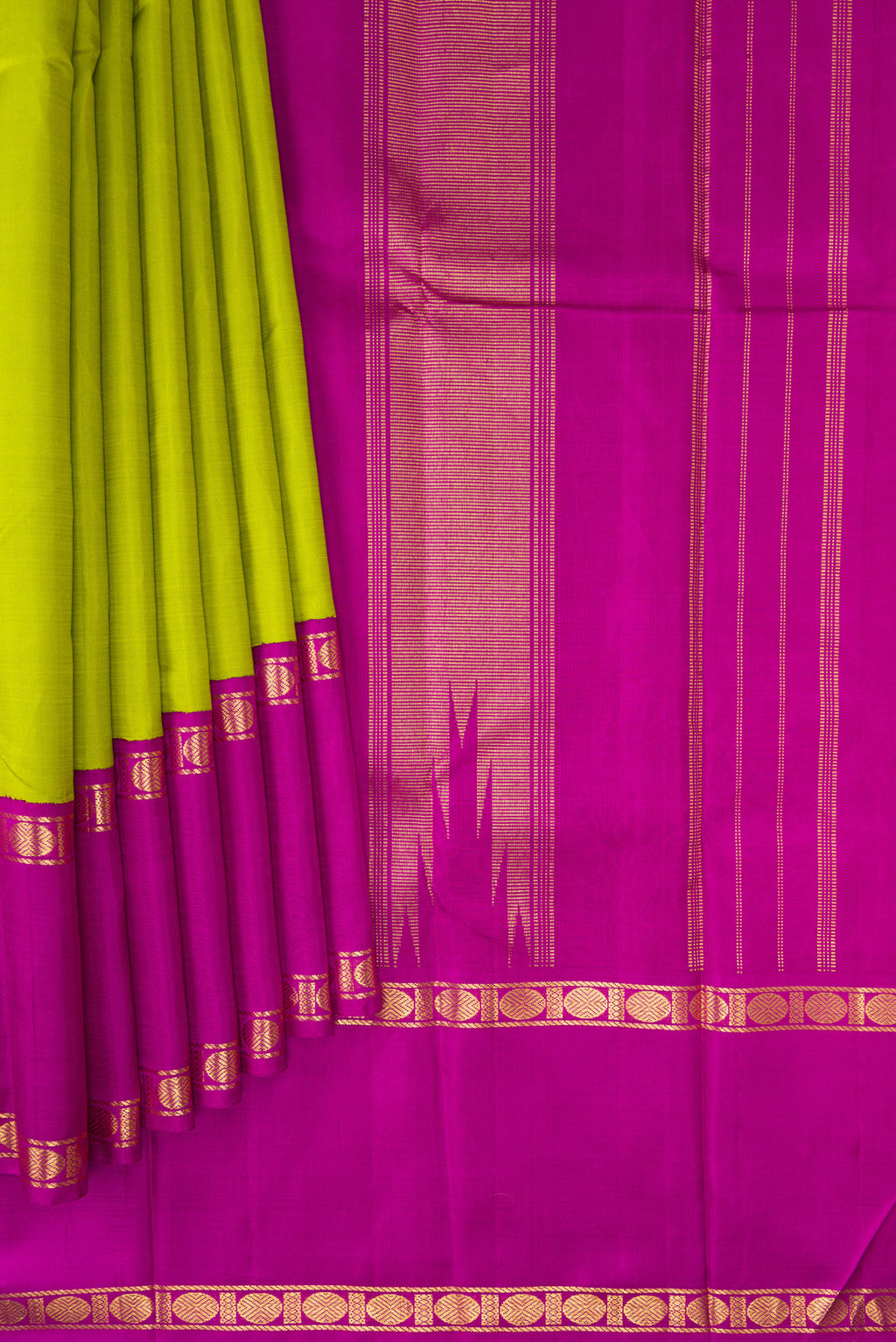 Pleats and pallu of Parrot Green Dual Tone Kanjivaram Silk Saree with Plain Body and Zari Border. 