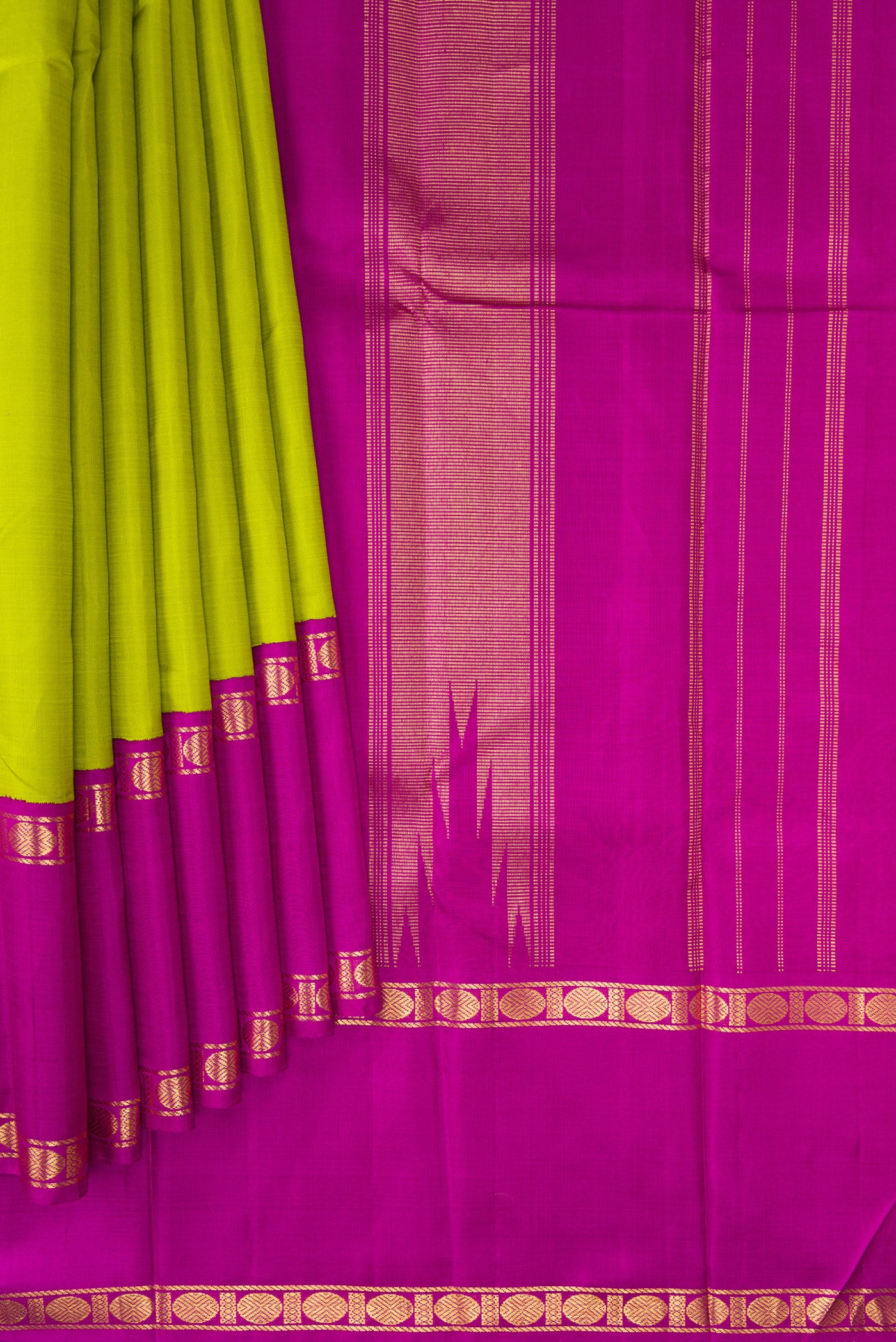 Pleats and pallu of Parrot Green Dual Tone Kanjivaram Silk Saree with Plain Body and Zari Border. 