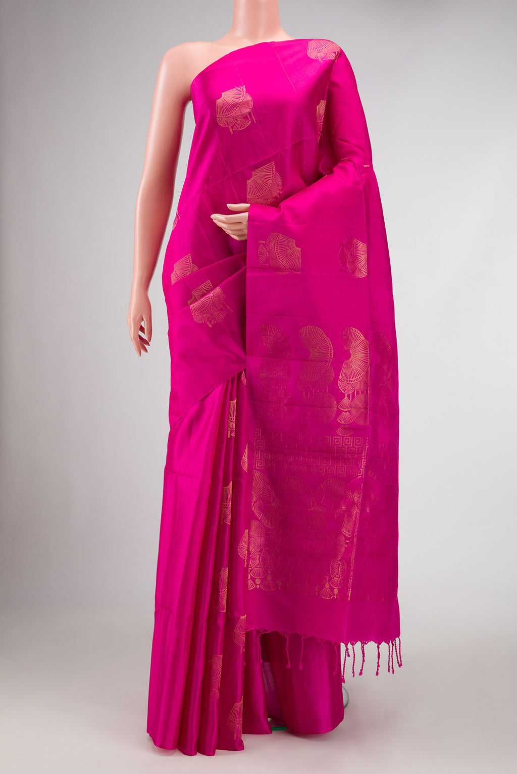 Pink Dual Tone Soft Silk Saree with Zari Butta on the body and Without Border.  displayed on a mannequin