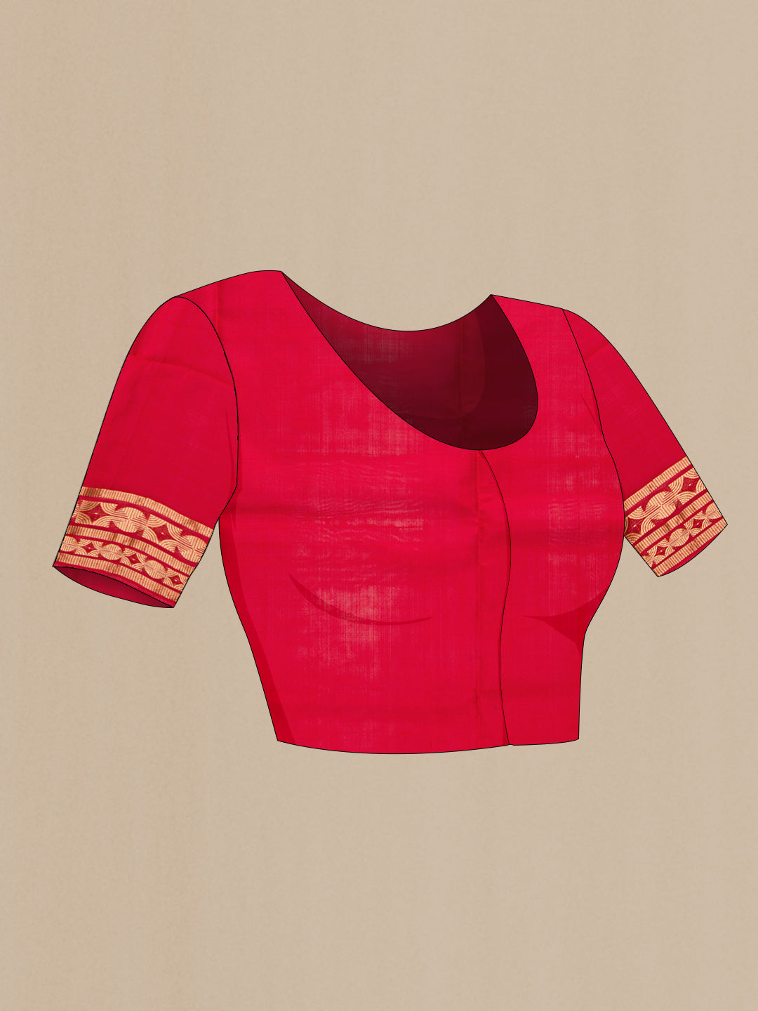Close up image of the blouse of Red Dual Tone Soft Silk Saree with Zari Brocade on the body and Zari Border. 