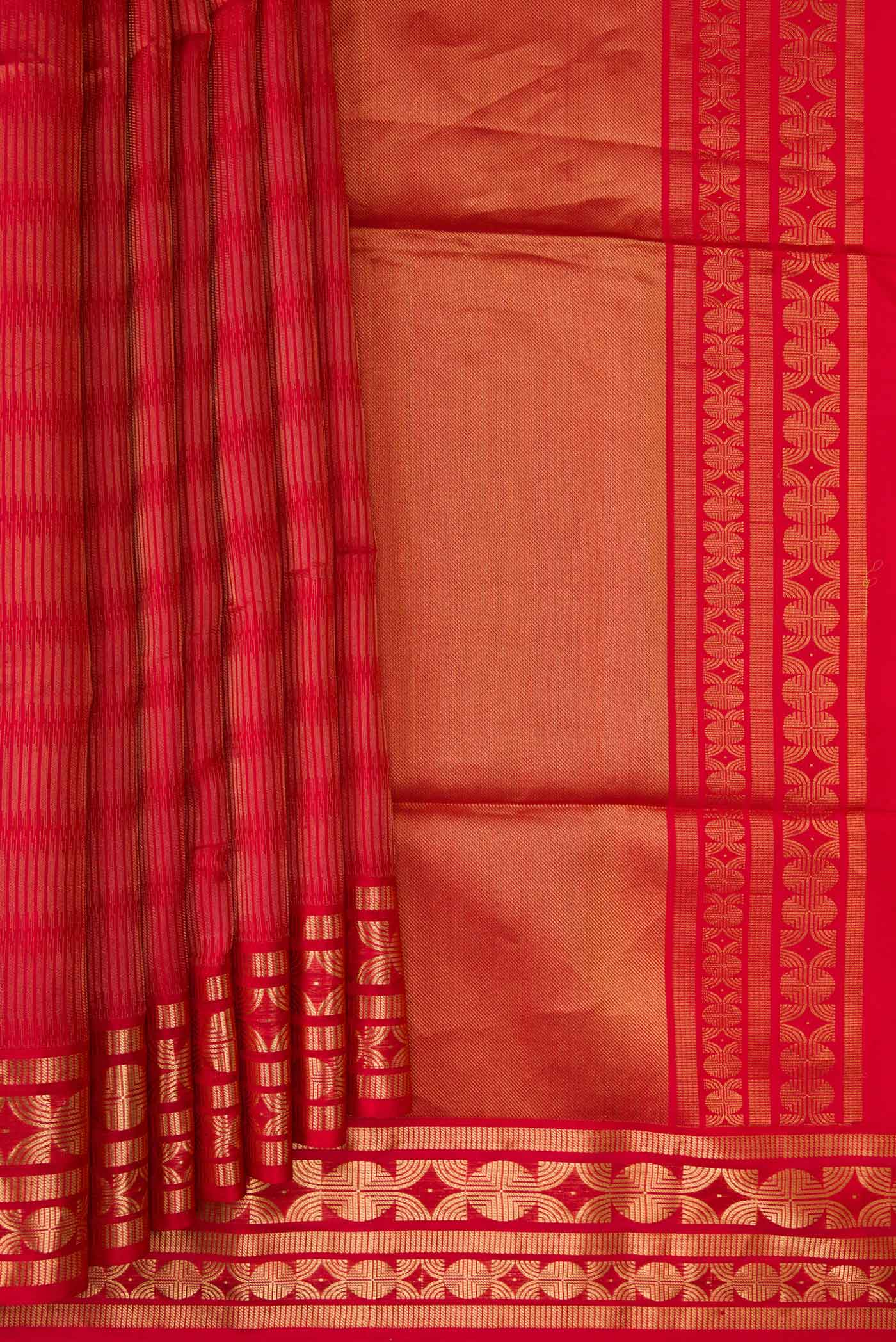Pleats and pallu of Red Dual Tone Soft Silk Saree with Zari Brocade on the body and Zari Border. 