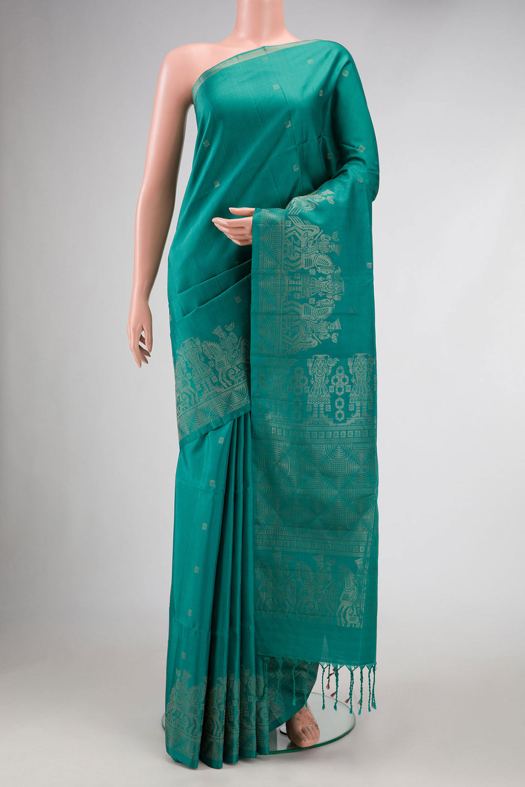 Davys Grey Dual Tone Soft Silk Saree with Zari Butta on the body and Fancy Border.  displayed on a mannequin