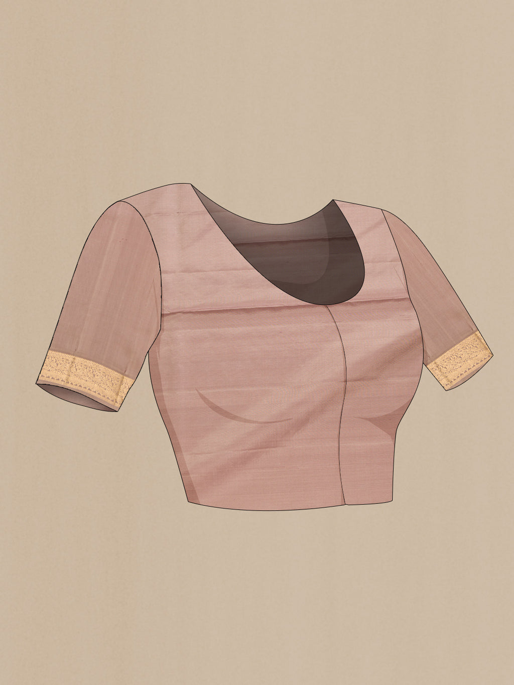 Close up image of the blouse of Rose Gold Dual Tone Soft Silk Saree with Zari Butta on the body and Zari Border