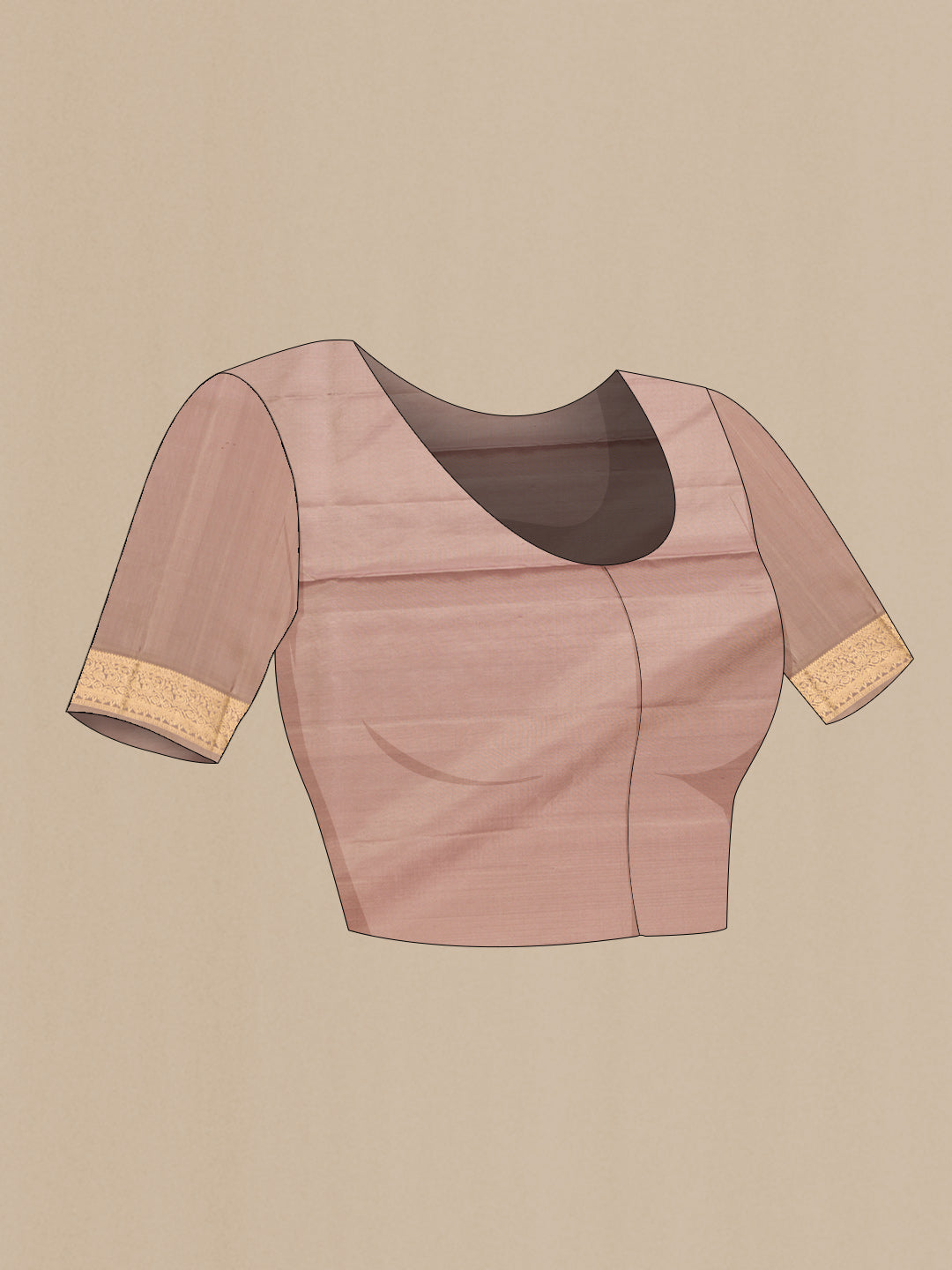 Close up image of the blouse of Rose Gold Dual Tone Soft Silk Saree with Zari Butta on the body and Zari Border