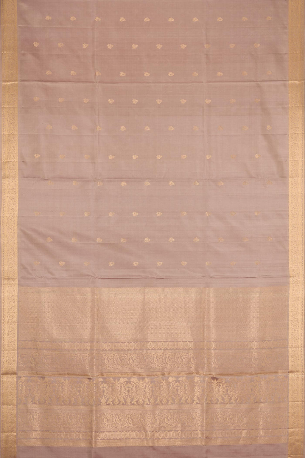 Flat view of Rose Gold Dual Tone Soft Silk Saree with Zari Butta on the body and Zari Border