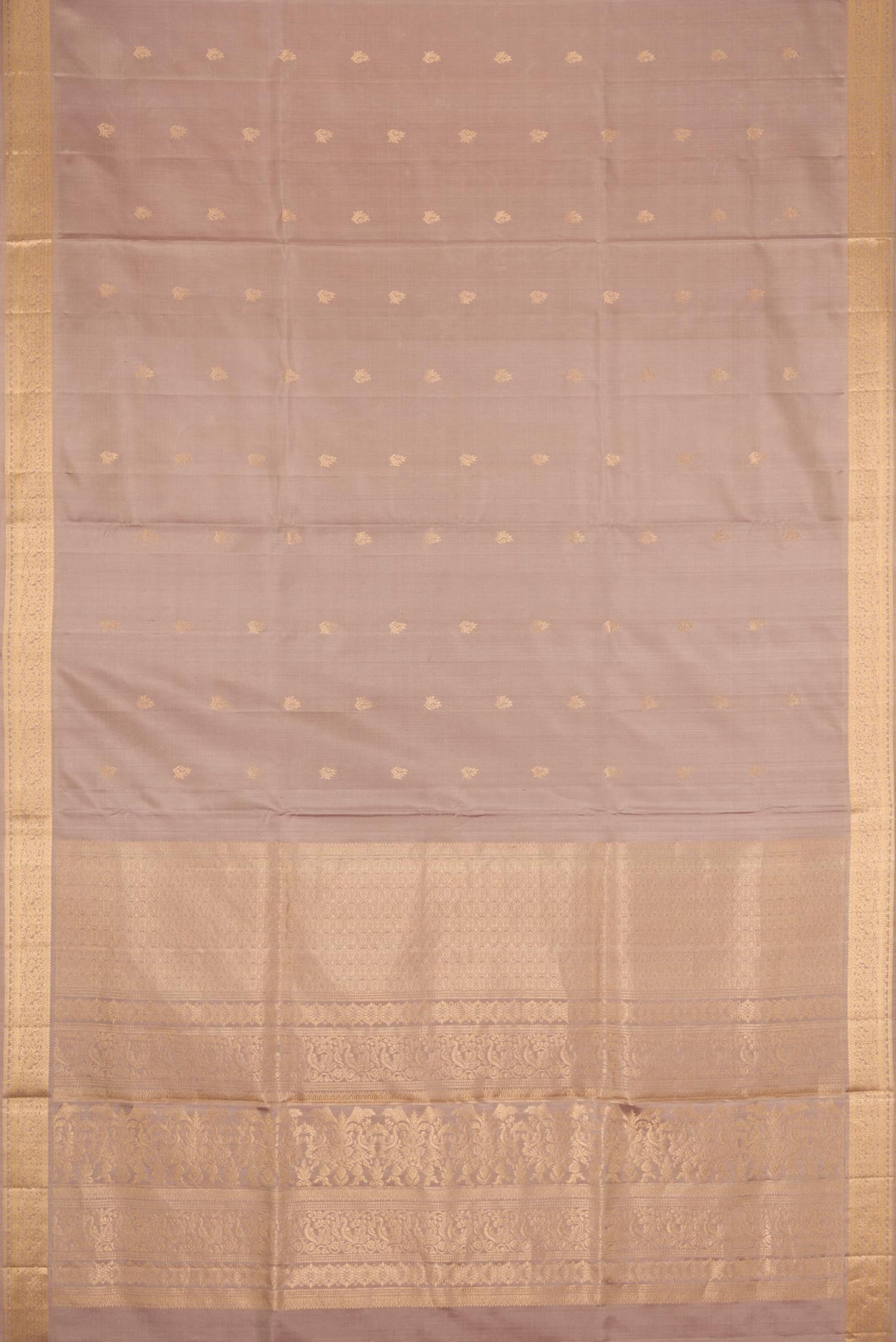 Flat view of Rose Gold Dual Tone Soft Silk Saree with Zari Butta on the body and Zari Border