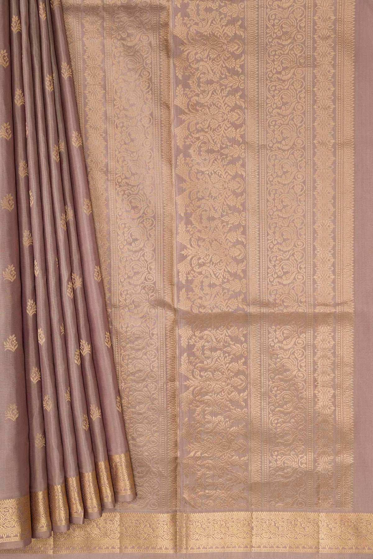 Pleats and pallu of Rose Gold Dual Tone Soft Silk Saree with Zari Butta on the body and Zari Border