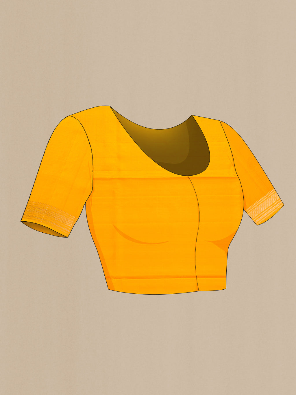 Close up image of the blouse of Yellow Dual Tone Soft Silk Saree with Zari Butta on the body and Zari Border. 