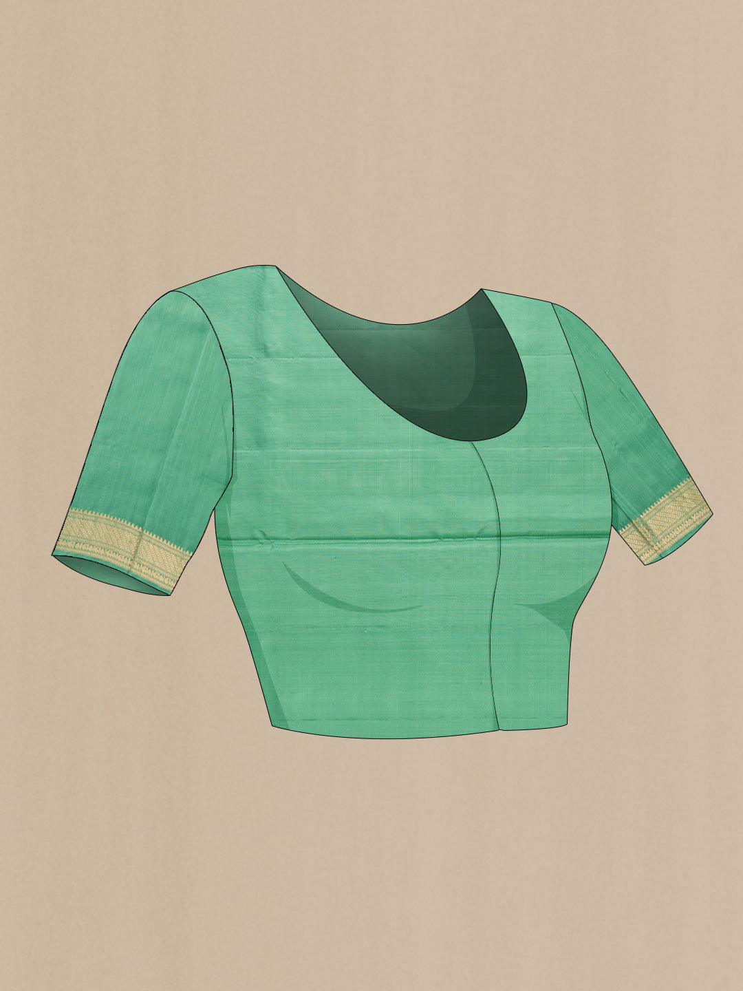 Close up image of the blouse of Green Dual Tone Soft Silk Saree with Zari Butta on the body and Zari Border. 