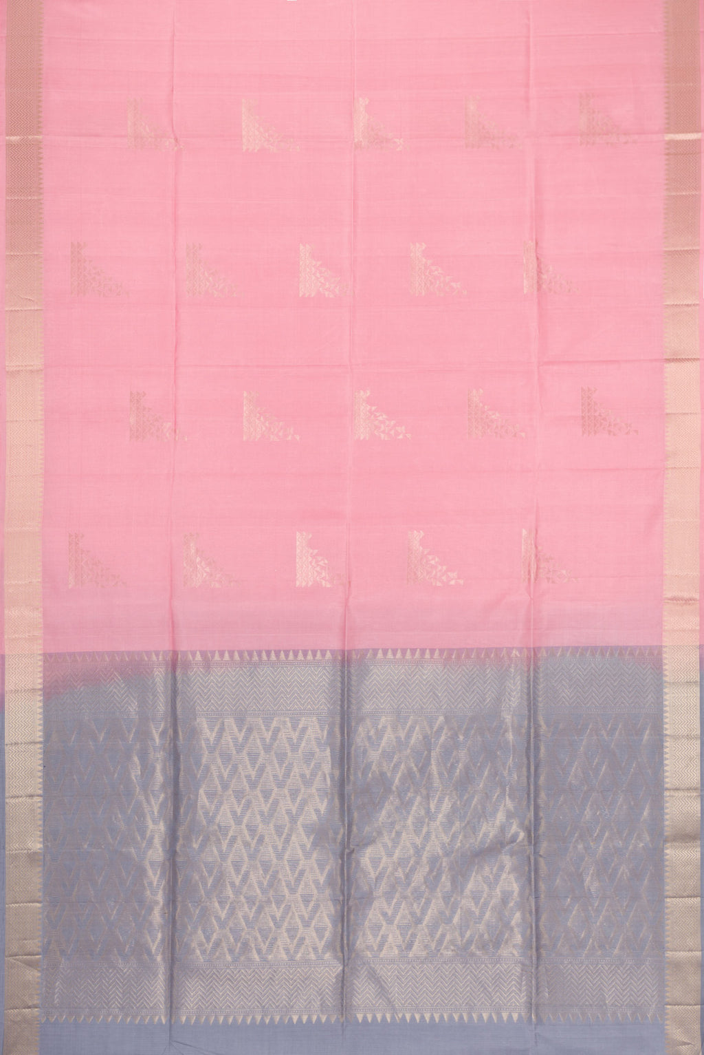 Flat view of Pink Dual Tone Soft Silk Saree with Zari Butta on the body and Zari Border. 