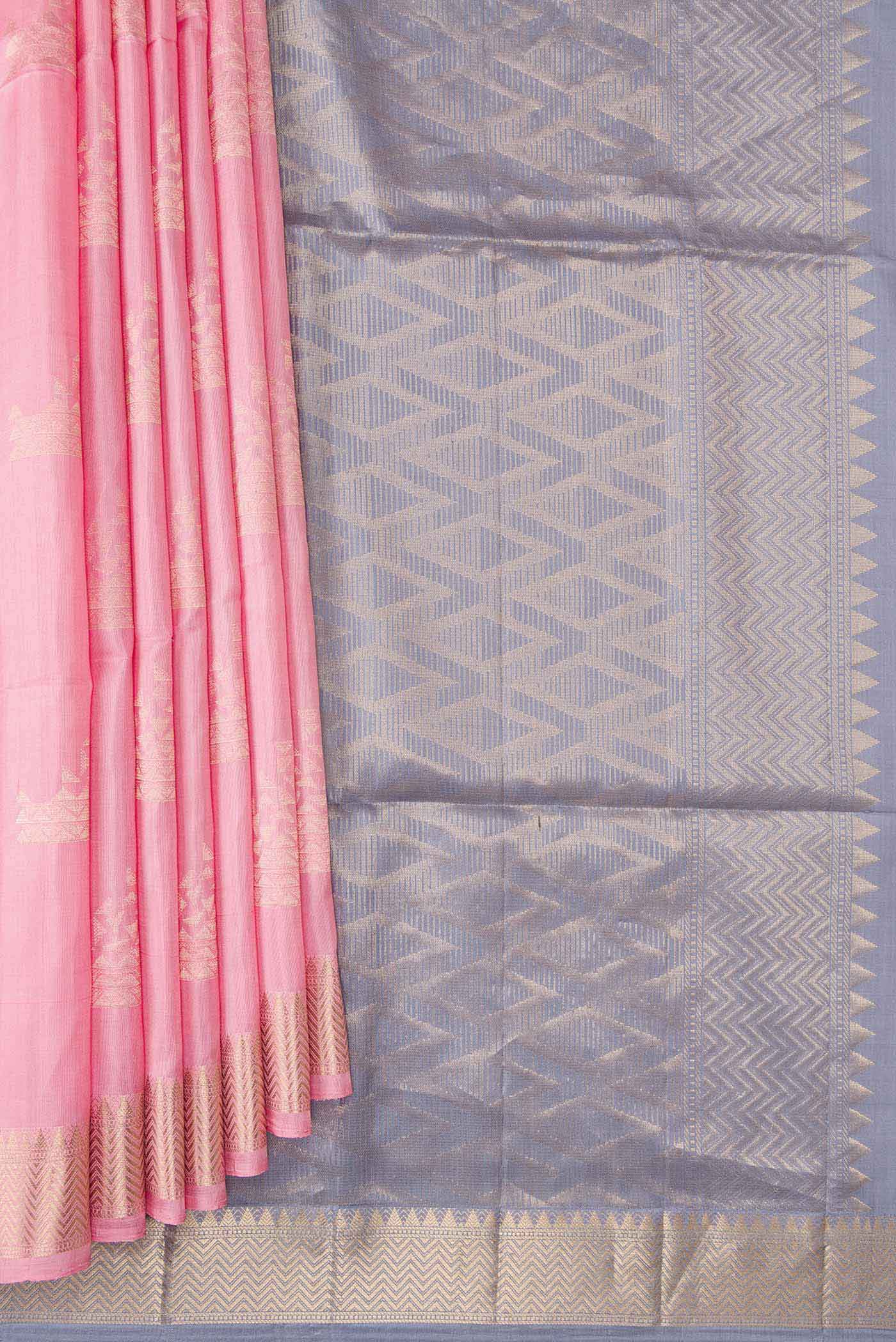 Pleats and pallu of Pink Dual Tone Soft Silk Saree with Zari Butta on the body and Zari Border. 