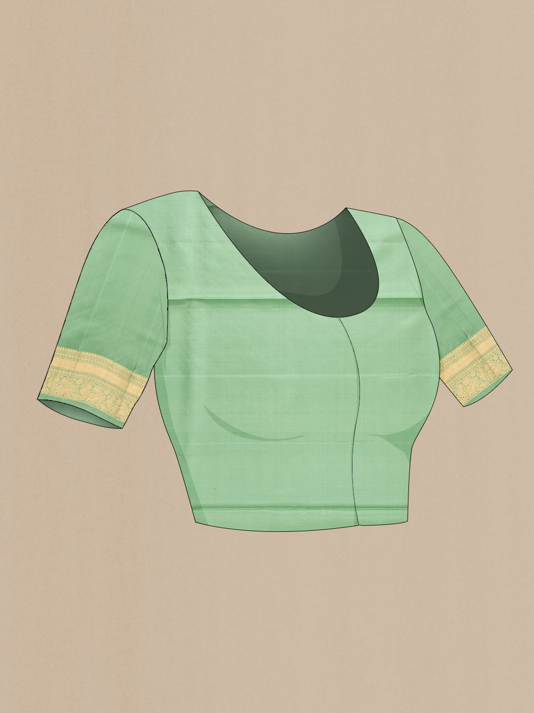 Close up image of the blouse of Pista Green Dual Tone Soft Silk Saree with Zari Butta on the body and Zari Border. 