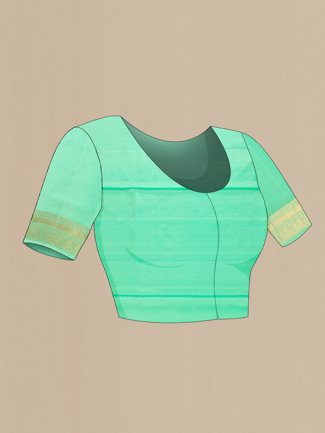 Close up image of the blouse of Parrot Green Dual Tone Soft Silk Saree with Zari Butta on the body and Zari Border. 