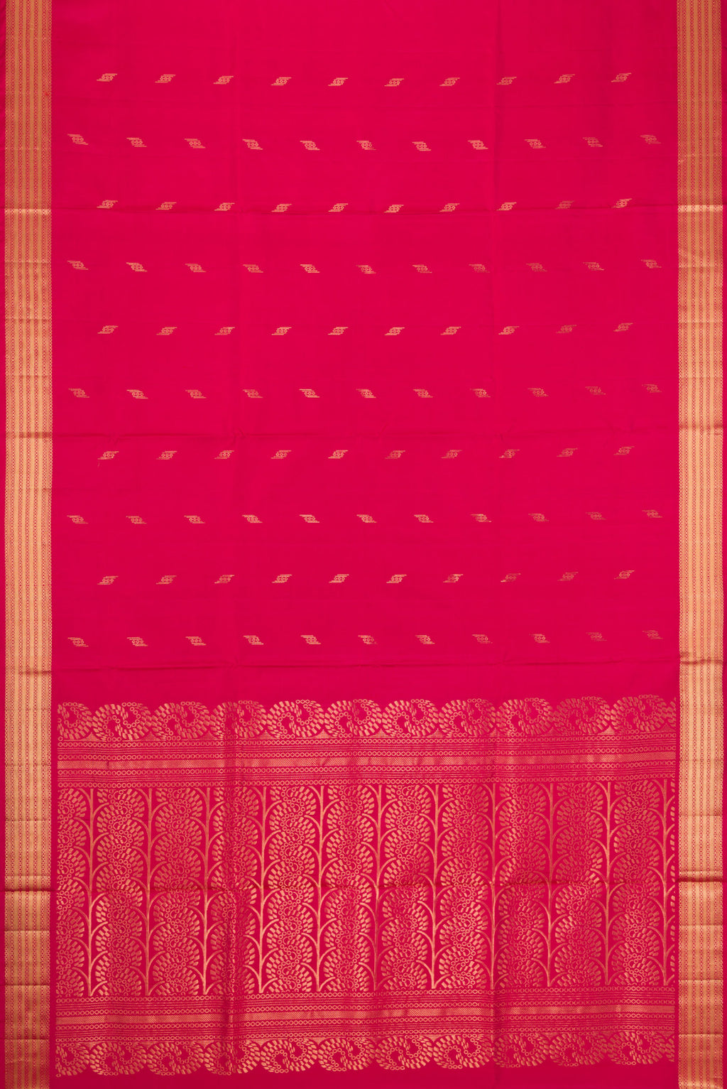 Flat view of Dark Pink Dual Tone Soft Silk Saree with Zari Butta on the body and Zari Border. 