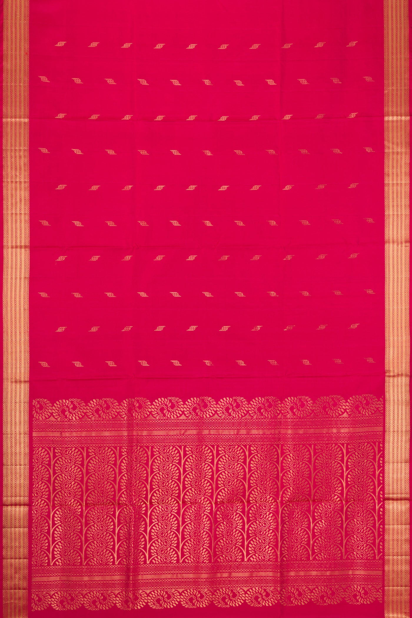 Flat view of Dark Pink Dual Tone Soft Silk Saree with Zari Butta on the body and Zari Border. 