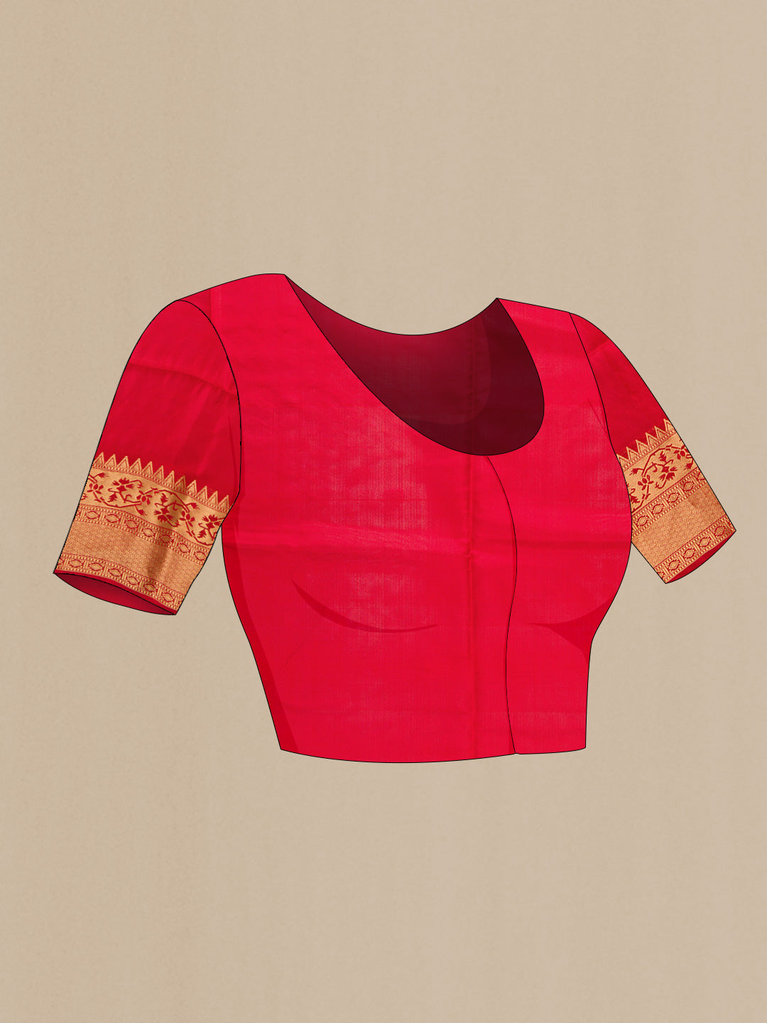 Close up image of the blouse of Red Dual Tone Soft Silk Saree with Zari Butta on the body and Zari Border