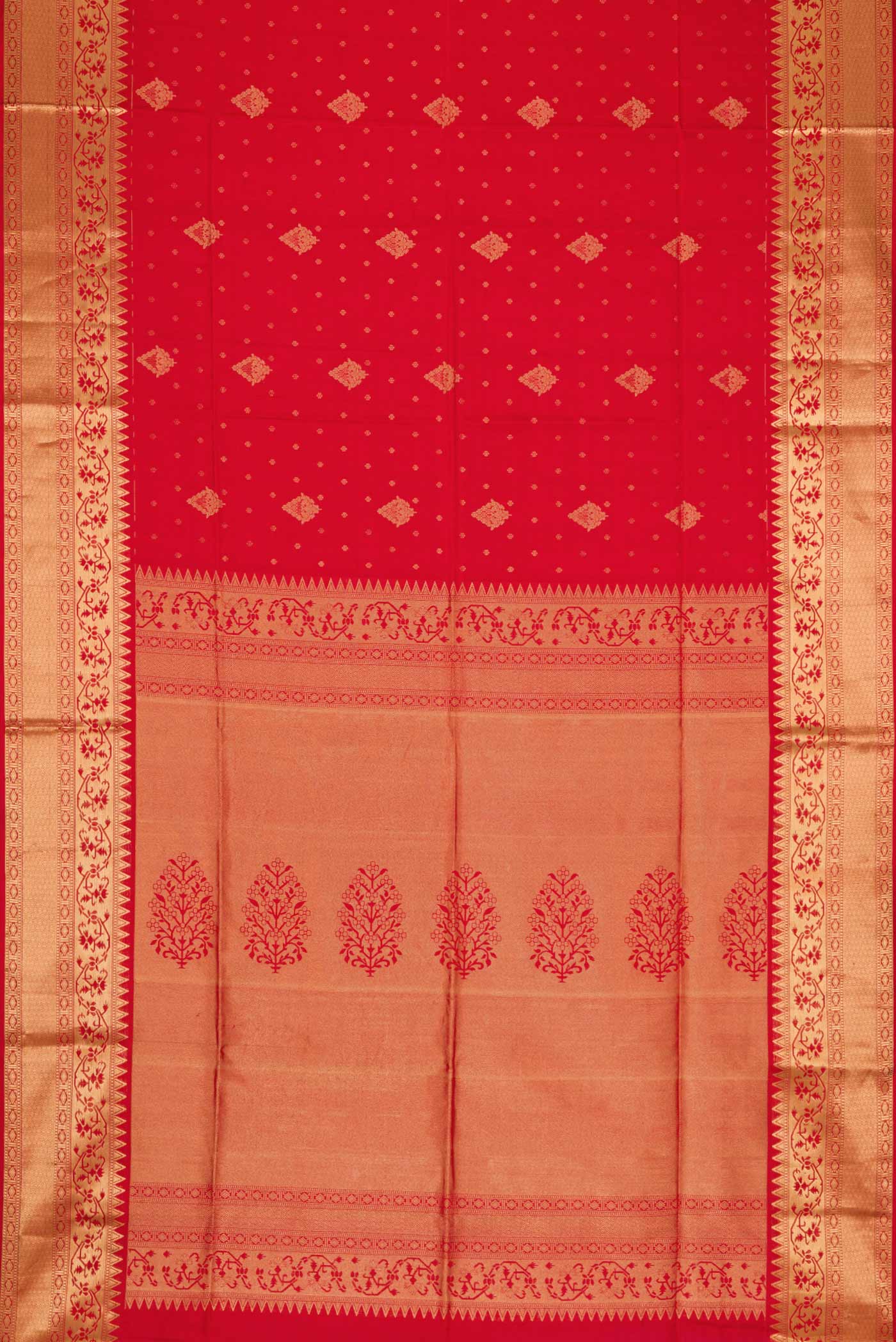 Flat view of Red Dual Tone Soft Silk Saree with Zari Butta on the body and Zari Border