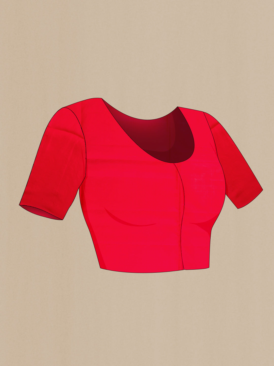 Close up image of the blouse of Red Dual Tone Soft Silk Saree with Zari Butta on the body and Without Border. 