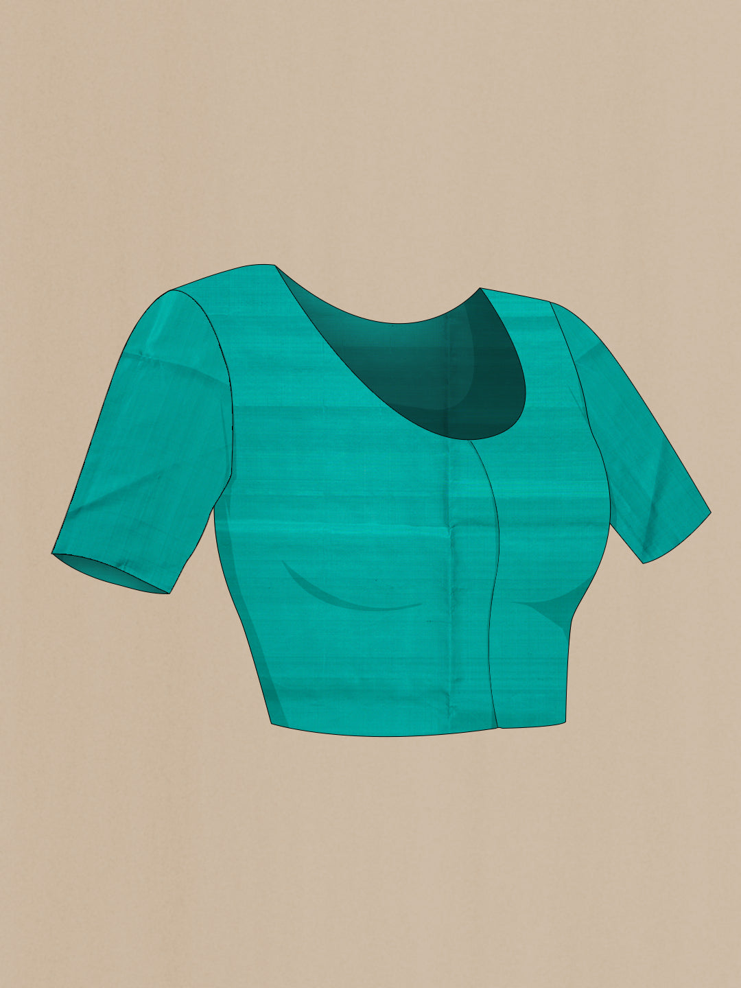 Close up image of the blouse of Green Dual Tone Soft Silk Saree with Zari Butta on the body and Without Border. 