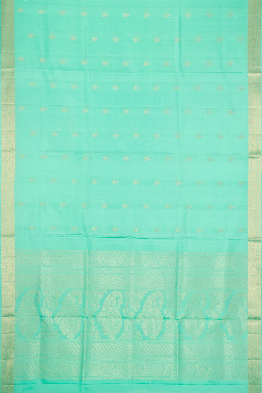 Flat view of Sea Green Dual Tone Soft Silk Saree with Zari Butta on the body and Zari Border. 
