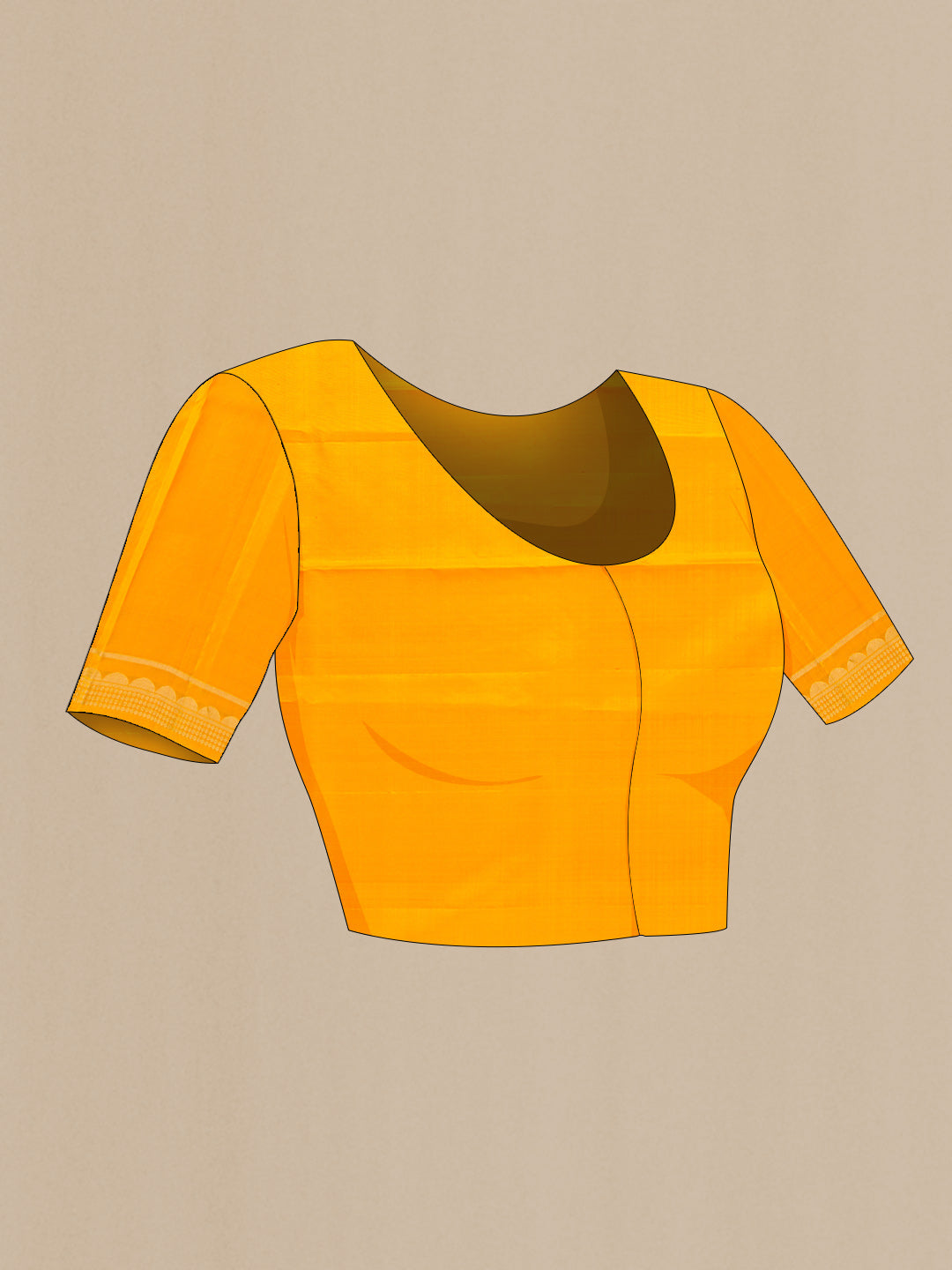 Close up image of the blouse of Yellow Dual Tone Soft Silk Saree with Zari Butta on the body and Zari Border