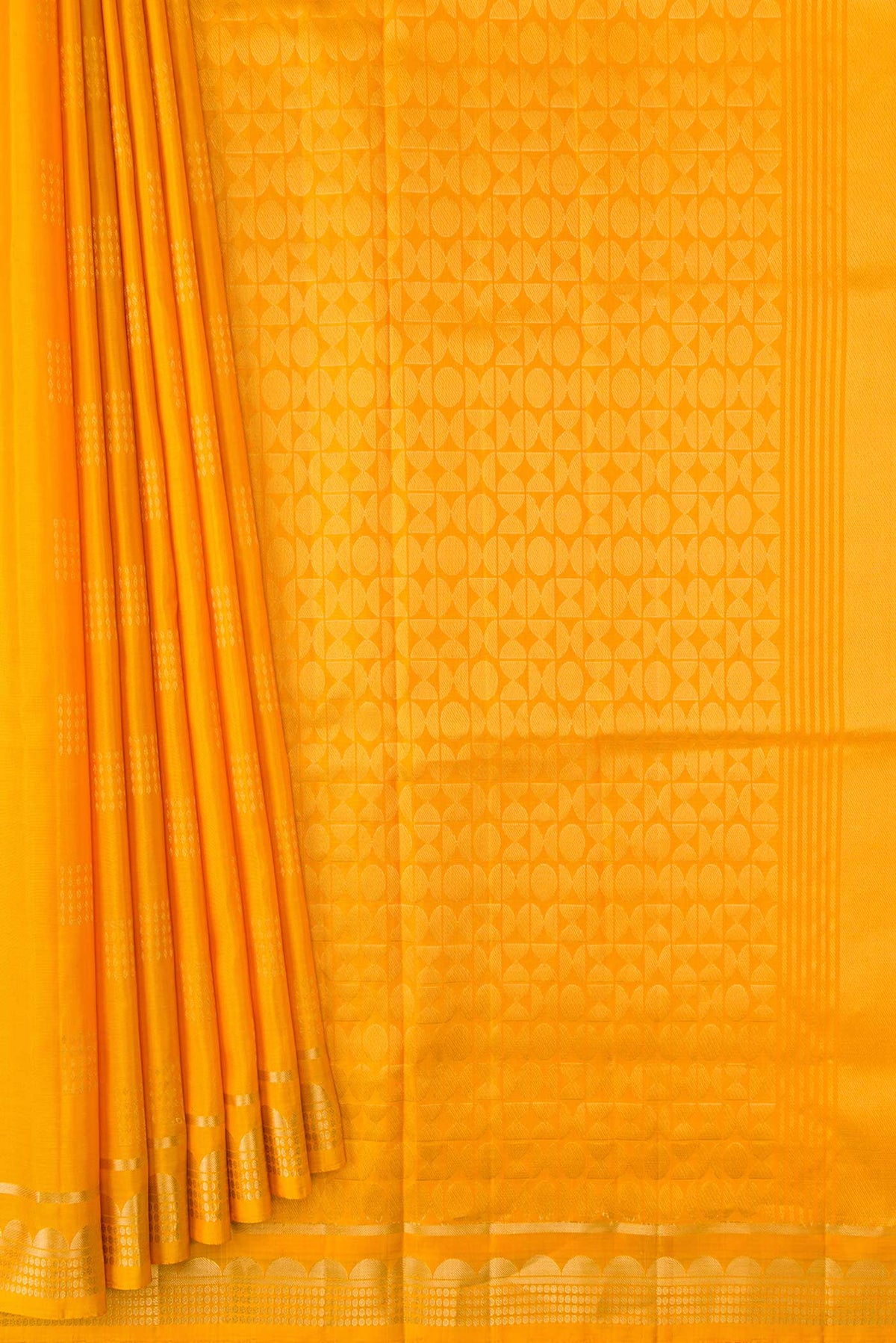 Pleats and pallu of Yellow Dual Tone Soft Silk Saree with Zari Butta on the body and Zari Border