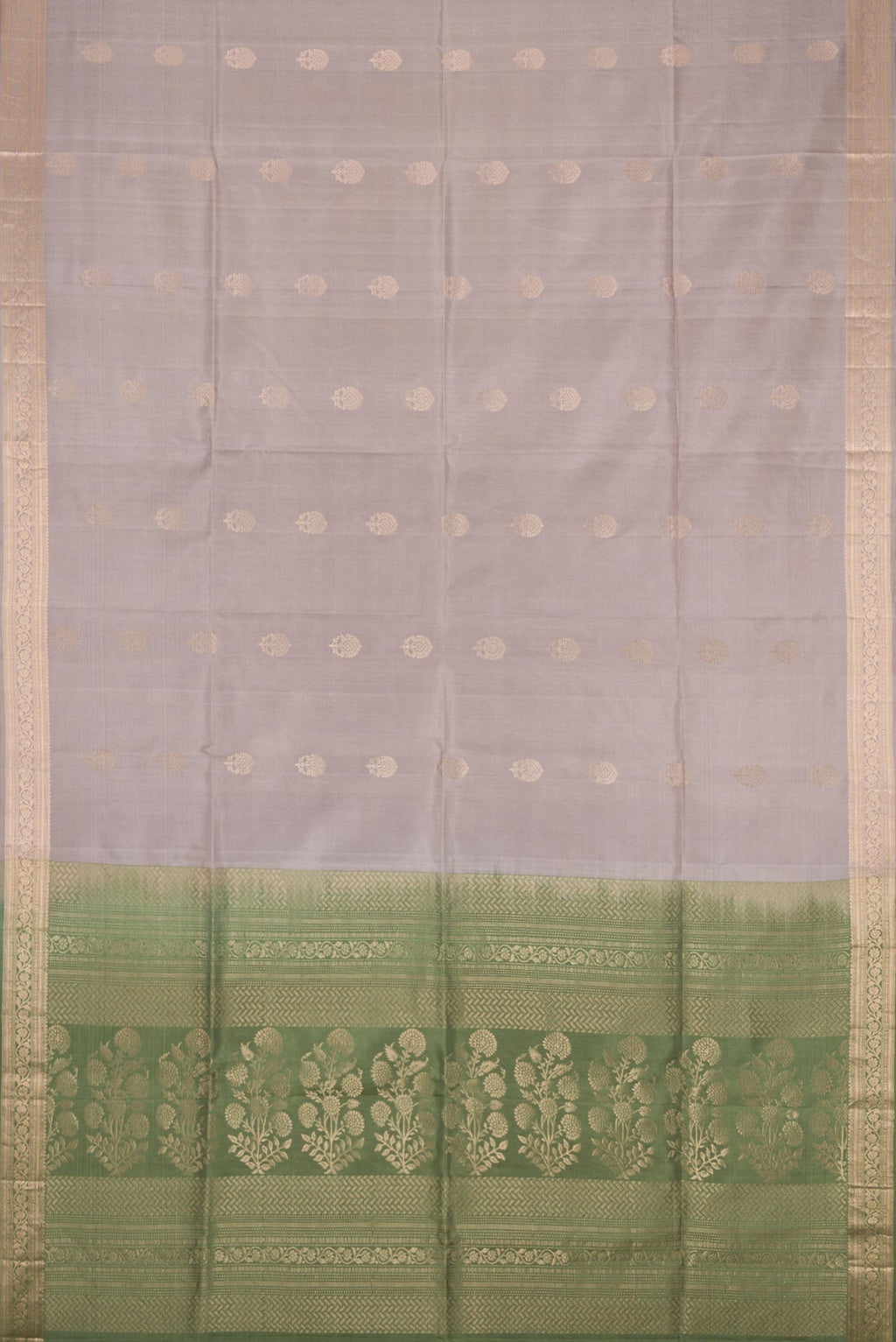 Flat view of Grey Dual Tone Soft Silk Saree with Zari Butta on the body and Zari Border
