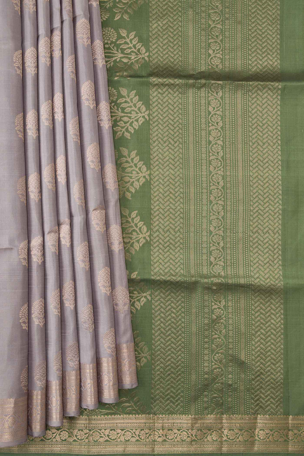 Pleats and pallu of Grey Dual Tone Soft Silk Saree with Zari Butta on the body and Zari Border