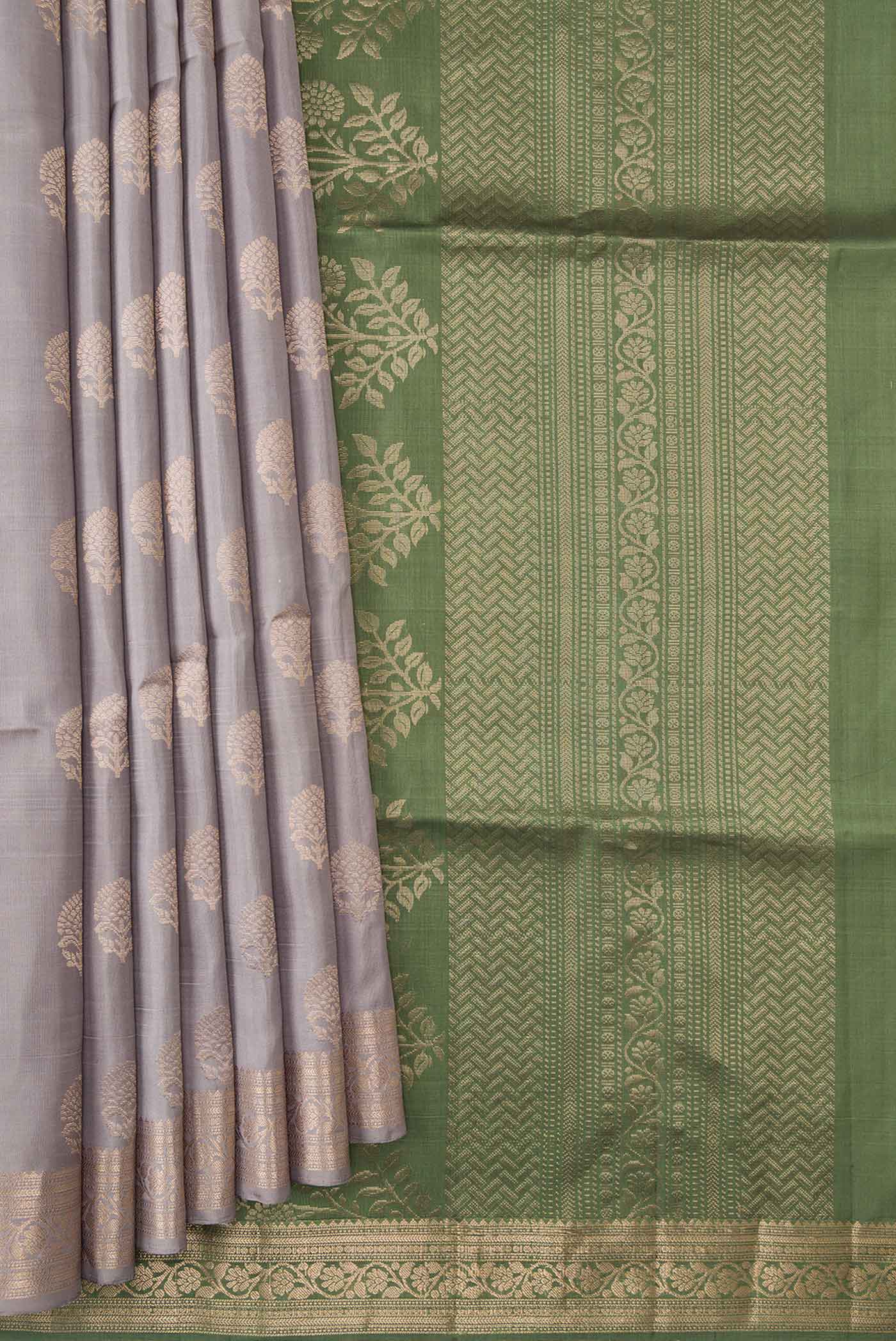 Pleats and pallu of Grey Dual Tone Soft Silk Saree with Zari Butta on the body and Zari Border