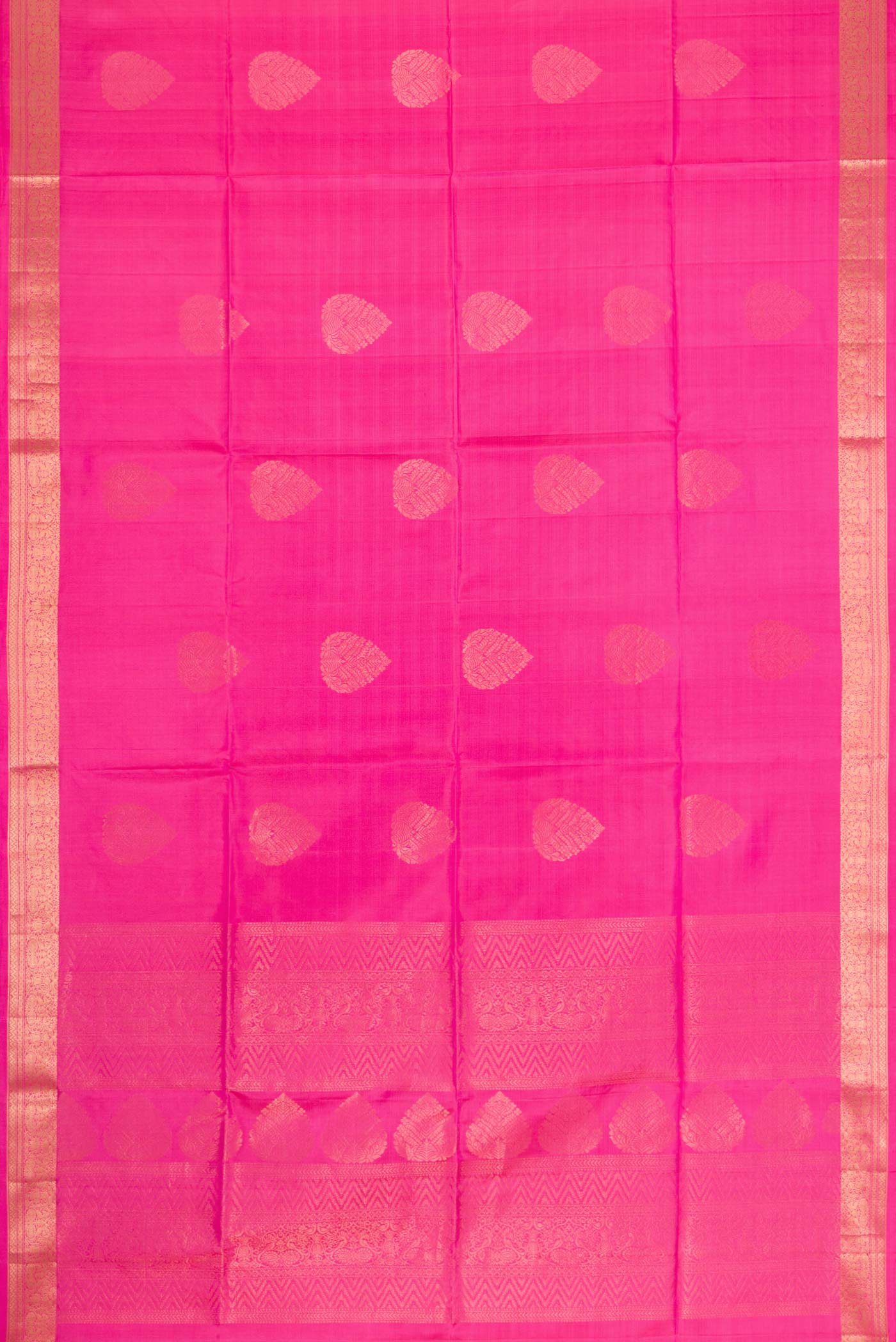 Flat view of Pink Dual Tone Soft Silk Saree with Zari Butta on the body and Zari Border. 