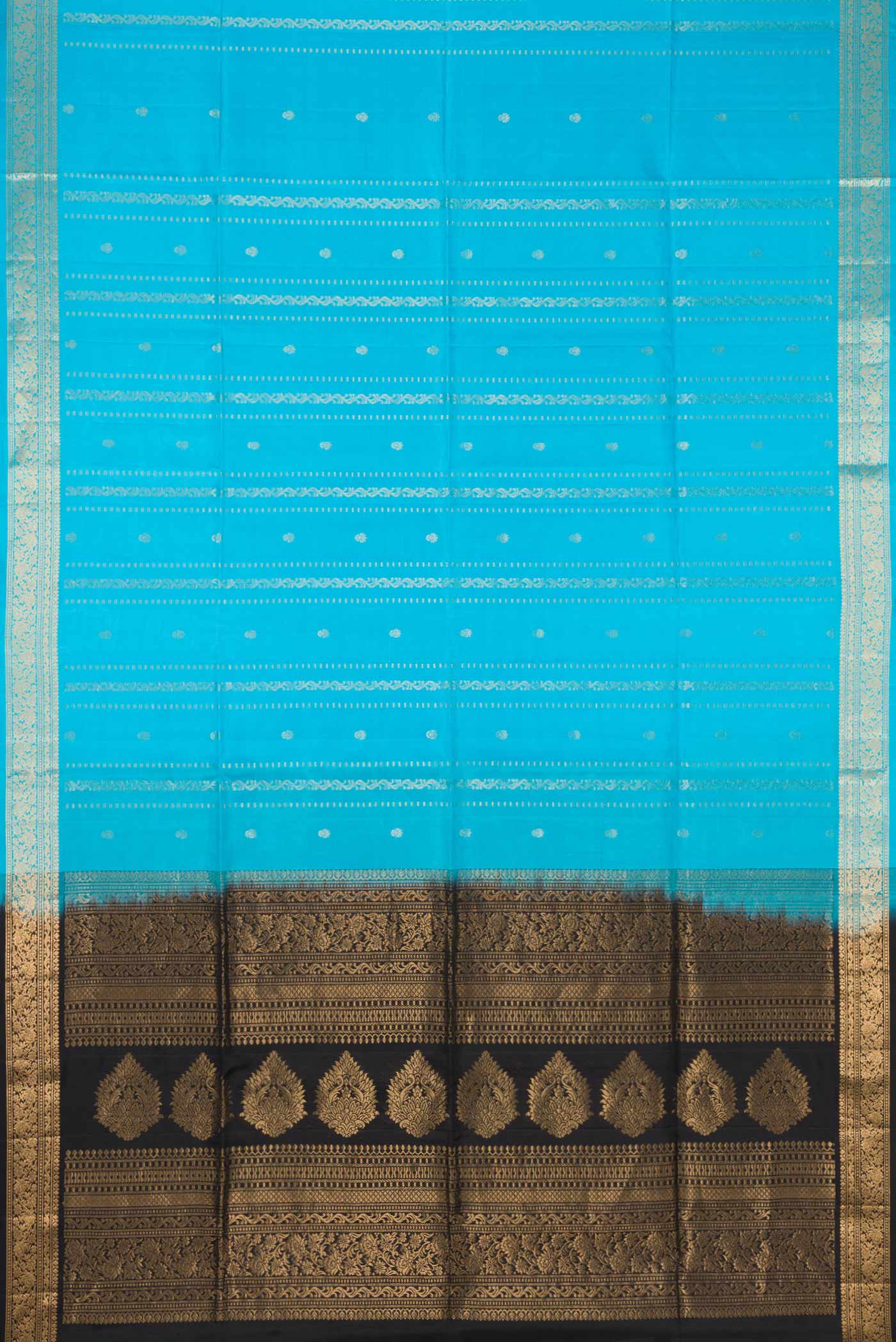 Flat view of Sky Blue Dual Tone Soft Silk Saree with Stripes on the body and Zari Border. 